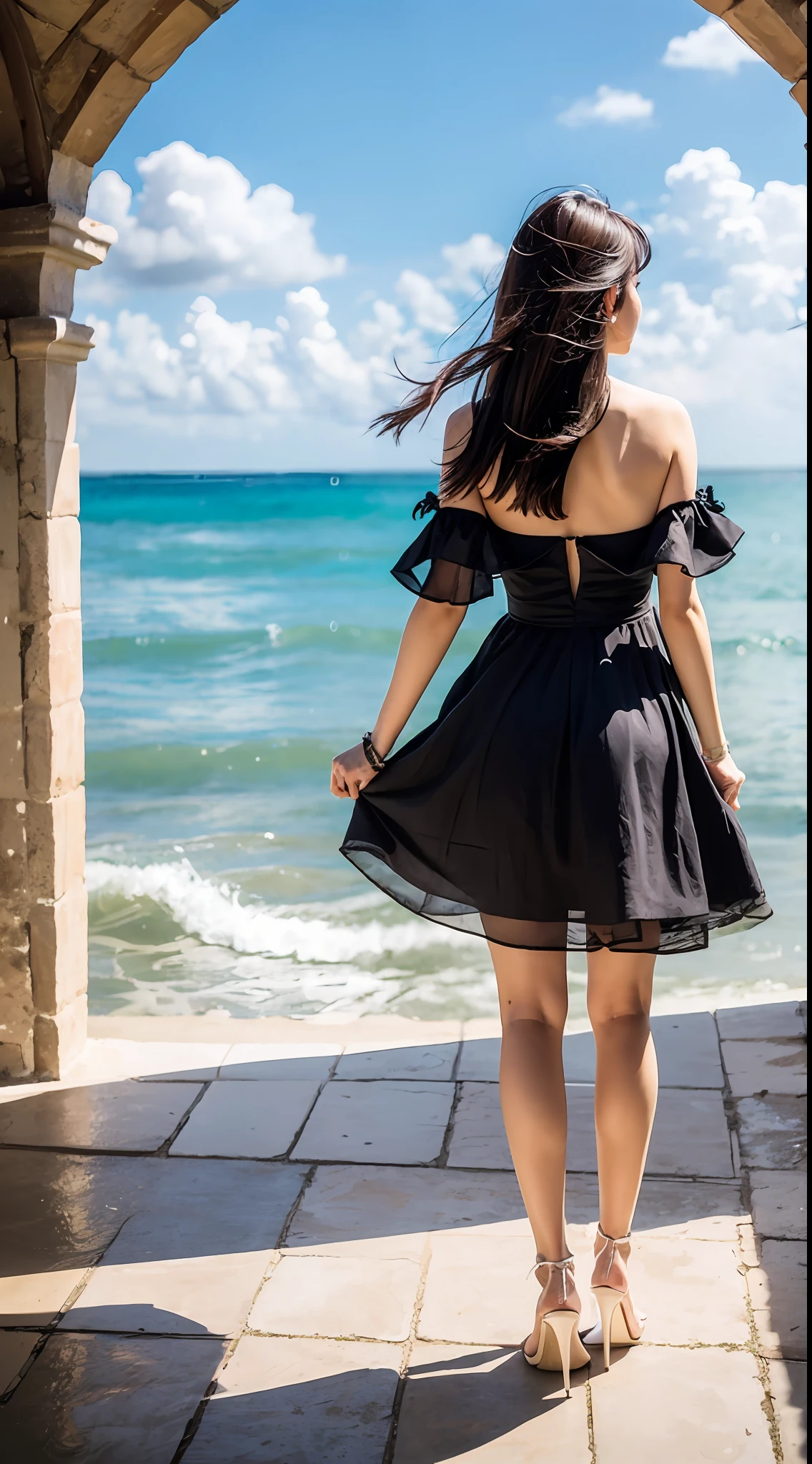 Long hair beauty, dress, blue sky, sea, back, real photo, full body photo
