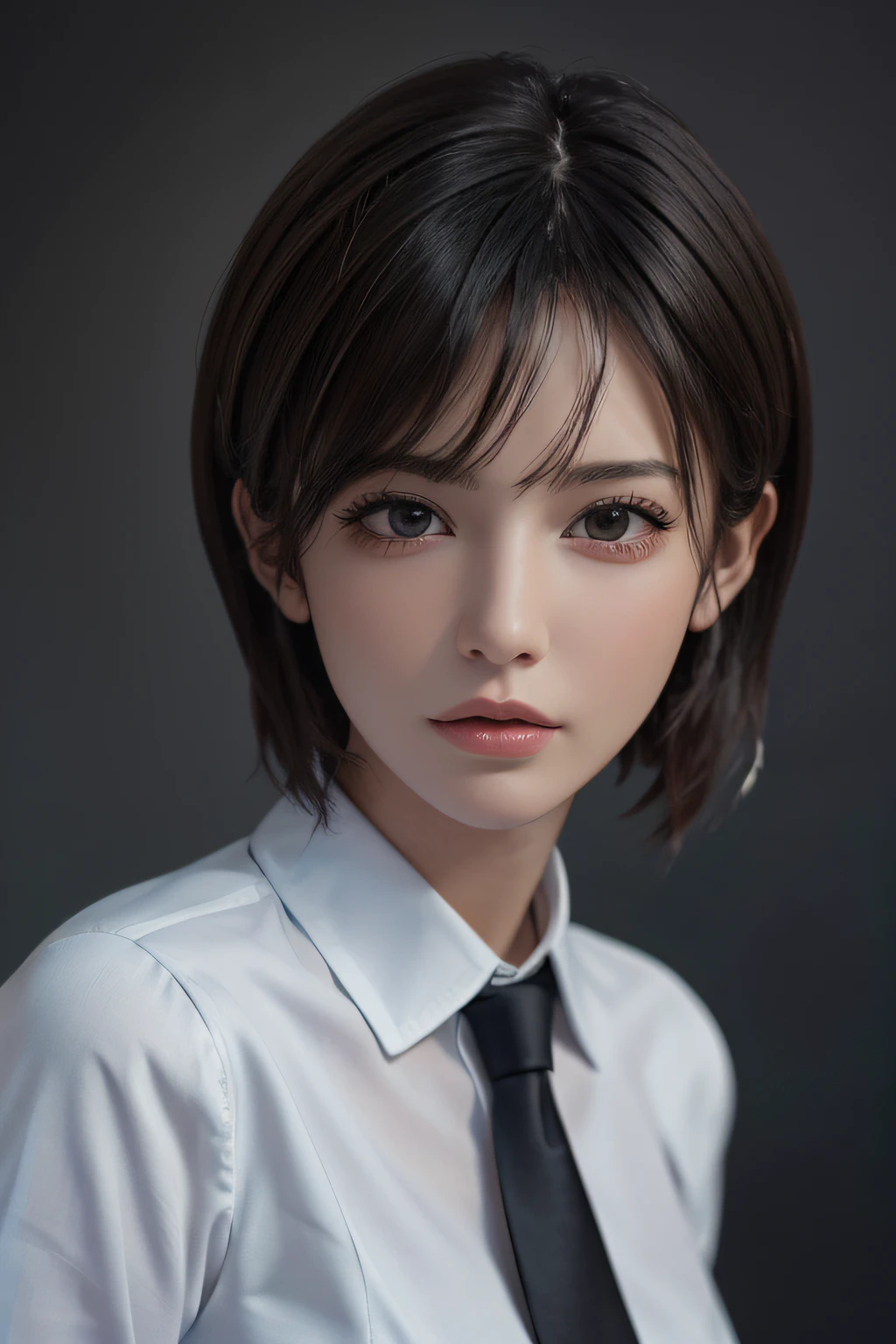 (masterpiece:1.3), (8k, photorealistic, RAW photo, best quality: 1.4), (1girl), beautiful face, (realistic face), (black hair, short hair:1.3), beautiful hairstyle, realistic eyes, beautiful detailed eyes, long eyelashes, (realistic skin), beautiful skin, medium breasts, (perfect body:1.3), (detailed body:1.2), (white collared shirt), (black pleated skirt), (necktie), absurdres, attractive, ultra high res, ultra realistic, highly detailed, golden ratio