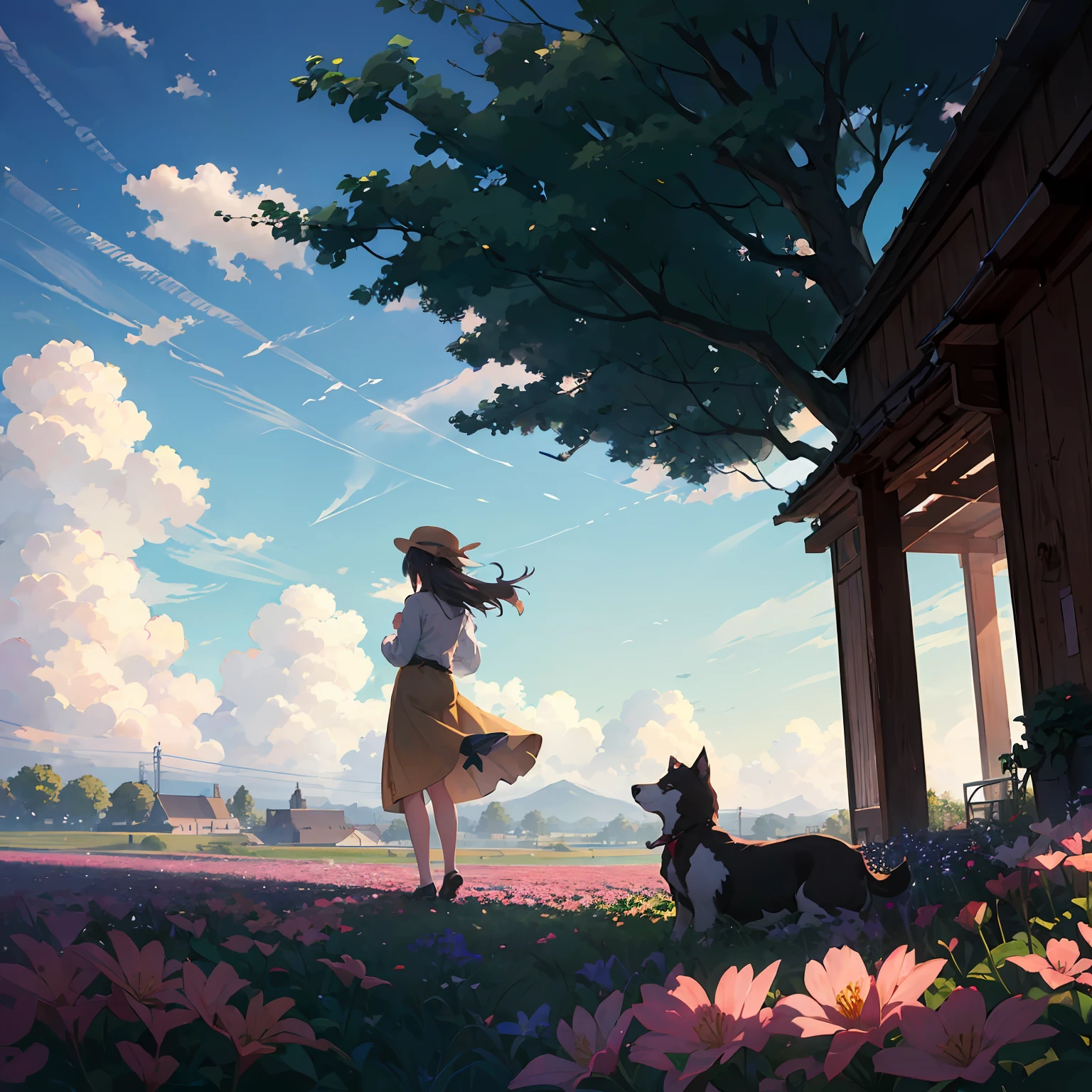 Makoto Shinkai A girl and her puppy standing on a small hill, you can see the city in the distance, beautiful flower fields, wonderful clouds, swaying wind, girl wearing a hat, wonderful greenery, fantasy world --auto