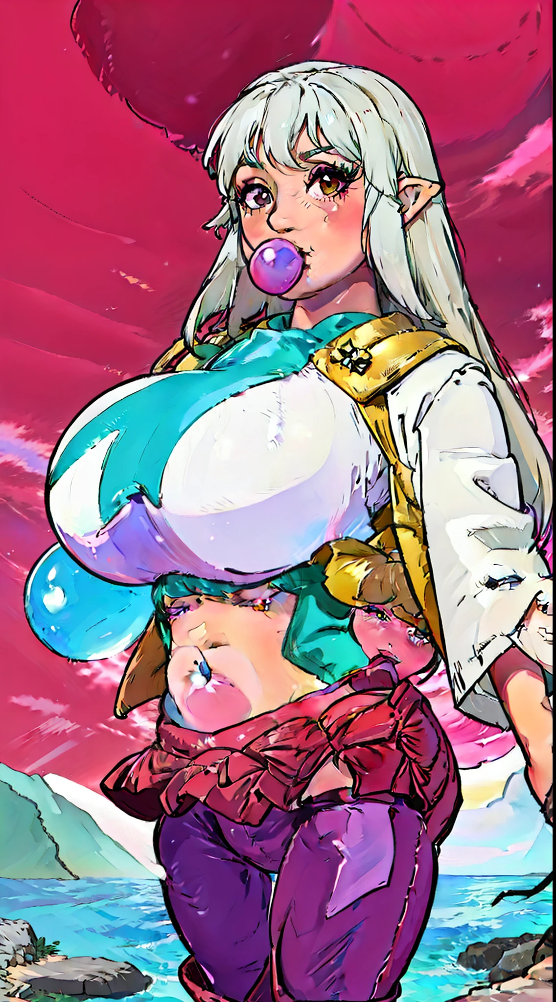 realistic, Japanese bimbo elf, 1girl, thick long white hair with Fuchsia and red streaks, purple eyes, glowing eyes, smirking, crop top, tight mini skirt, blue leggings, parted lips, blush, night, flowers, sun, sunlight, massive big breasted bimbo, Green and sea blue colored armored spacesuit with NASA and Spetnaz logos on breasts, body length balloon inflatable cape, massive(inflating bubble gum, blow bubble), thick pouty bright pink inflated balloon lips, massive(erection under clothes), futa bulge, bulge, Side Triceps posing,🌄🌅sky, roman villa, behance, pixiv, artstation, reflections,8k,4K, ☀️🔥🌌💎💯🔝