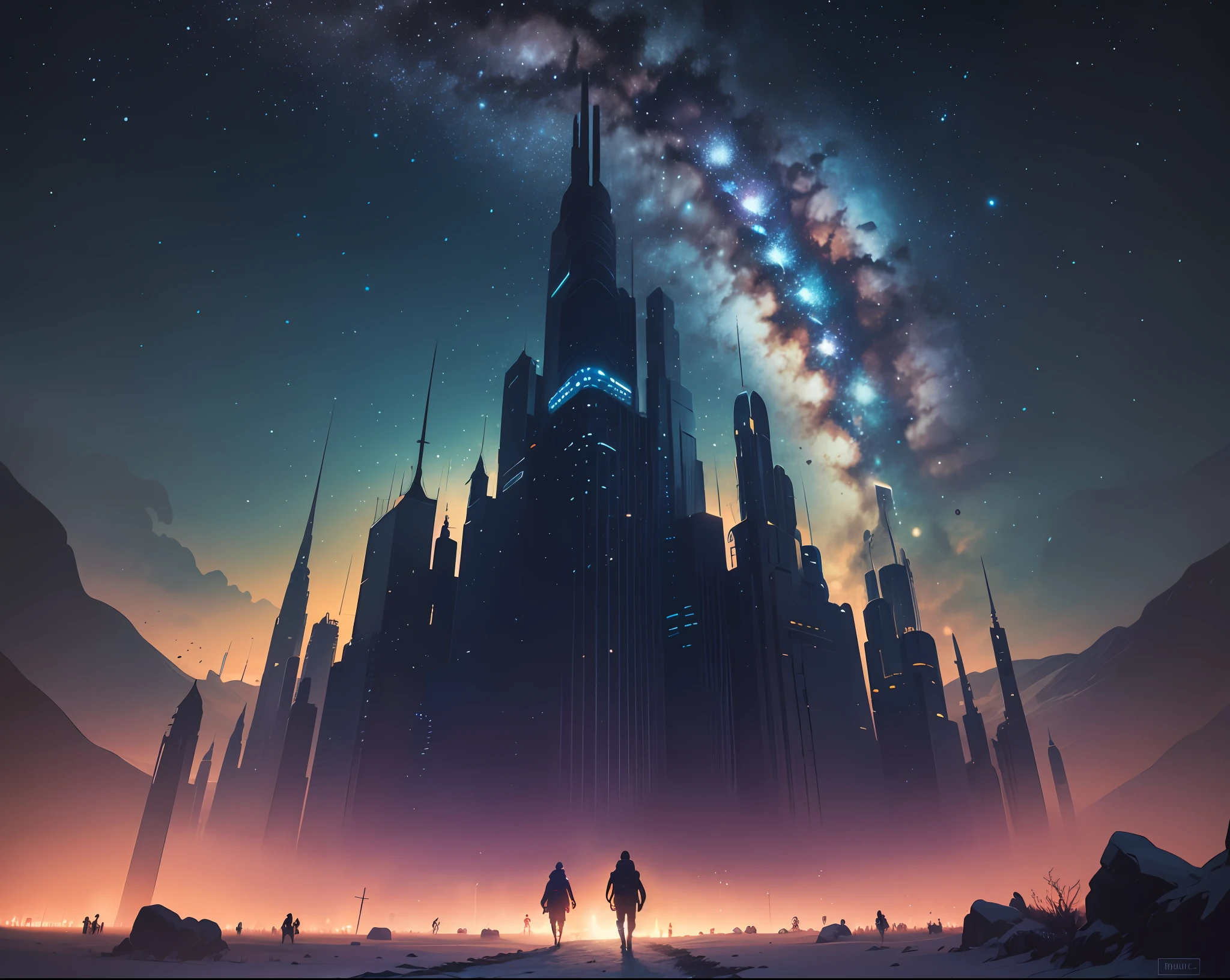 starry night sky with people walking in the distance, 4k highly detailed digital art, beautiful art uhd 4 k, amazing wallpaper, in the starry night, 4 k hd wallpaper very detailed, anton fadeev and dan mumford, 8k hd wallpaper digital art, josan gonzales and dan mumford, wide angle fantasy art, in the style dan mumford artwork --auto