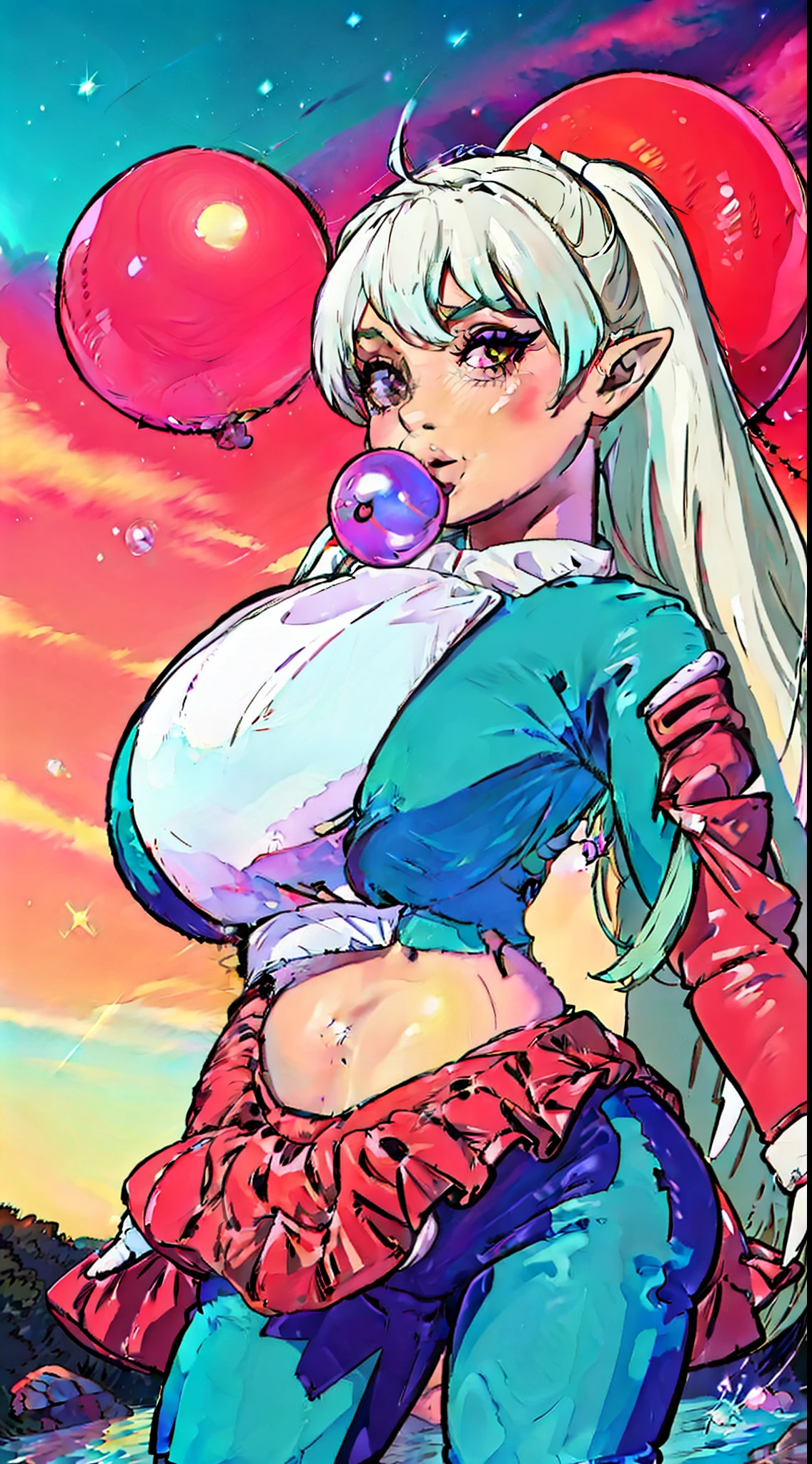 realistic, Japanese bimbo elf, 1girl, thick long white hair with Fuchsia and red streaks, purple eyes, glowing eyes, smirking, crop top, tight mini skirt, blue leggings, parted lips, blush, night, flowers, sun, sunlight, massive big breasted bimbo, Green and sea blue colored armored spacesuit with NASA and Spetnaz logos on breasts, body length balloon inflatable cape, massive(inflating bubble gum, blow bubble), thick pouty bright pink inflated balloon lips, massive(erection under clothes), futa bulge, bulge, Side Triceps posing,🌄🌅sky, roman villa, behance, pixiv, artstation, reflections,8k,4K, ☀️🔥🌌💎💯🔝