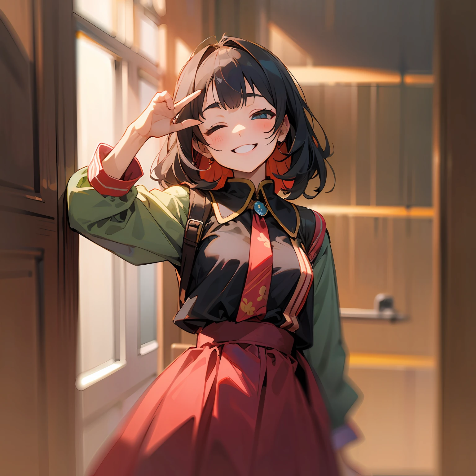 Long shot, cute girl smile, eyes closed, red face, hands in front of her palms up, fingers open