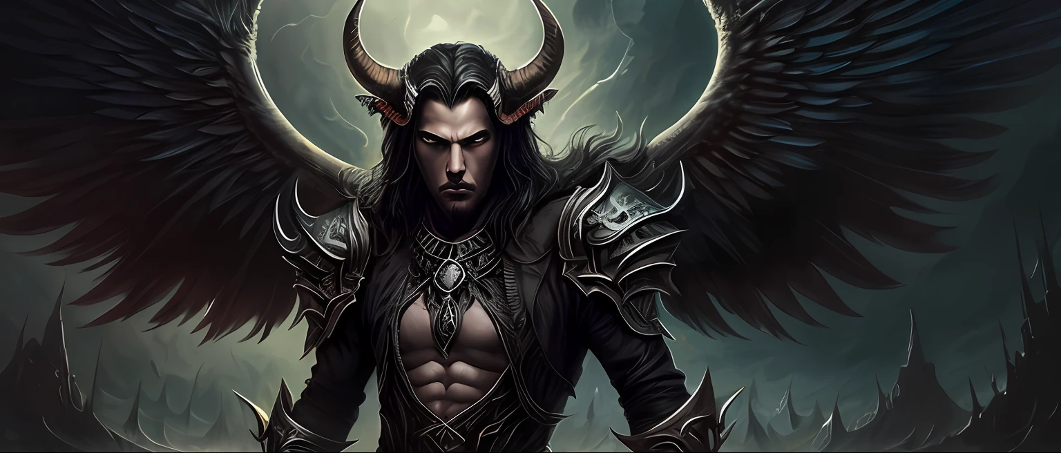 a close up of a man with a horned head and wings, lucifer, archangel, with hellish devil wings, oil canvas of lucifer, dark angel, the angel of death, demon lord, demon male, dark fantasy art, gothic fantasy art, symmetrical epic fantasy art, diablo, man male demon --auto