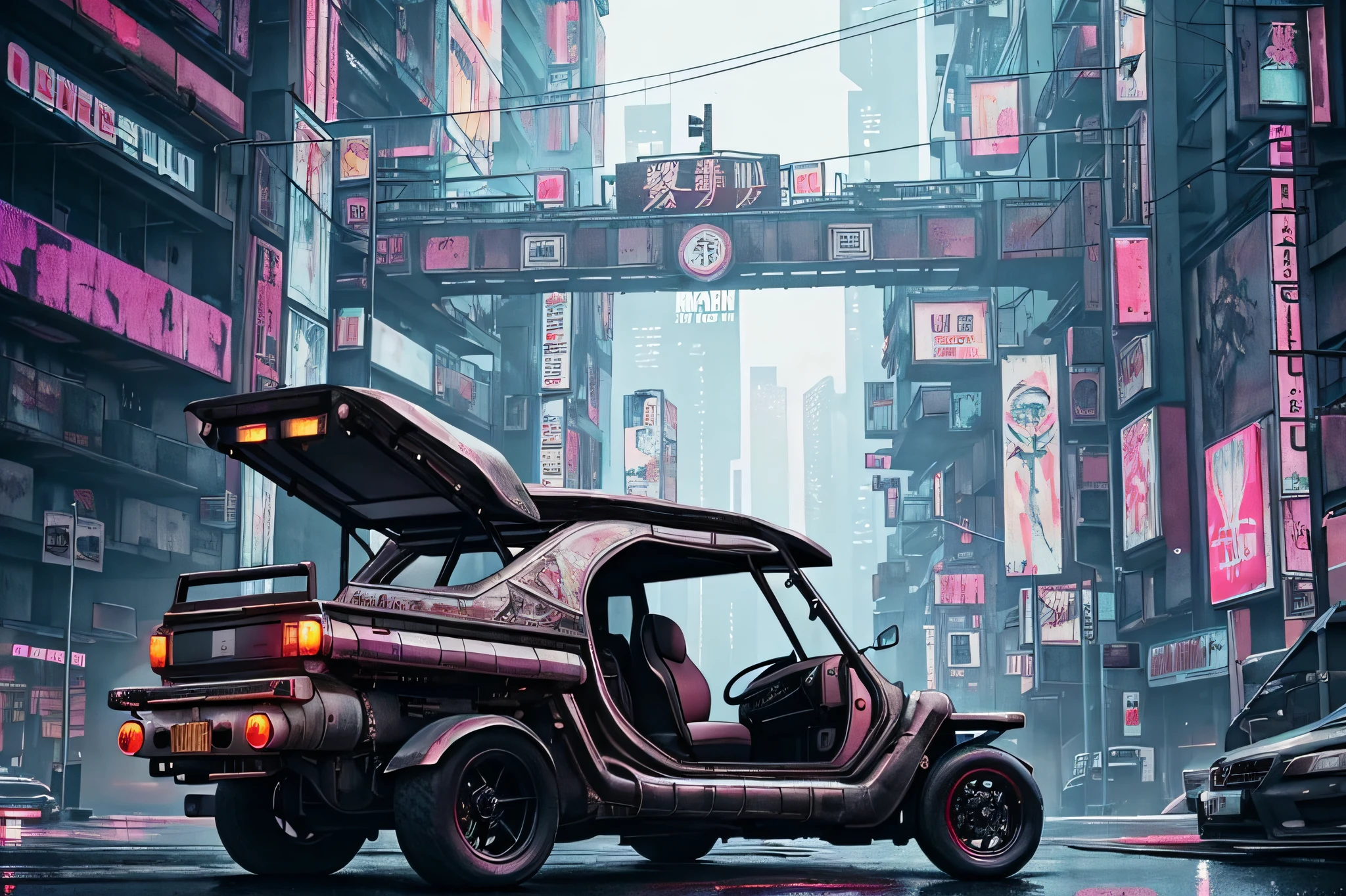 (at late night:1.3), , (detailed beautiful skin textures, detailed beautiful face, ultra detailed clothing textures), , (Cyberpunk:1.4), , (an ultra detailedfour-wheeled and long bonnet tuk-tuk with load on roof carrier and eear loading platform with luggage on it and letter-tyres), , (3/4 front view, The car is in the center of the frame), , (at parking area, at ultra detailed Night City of Cyberpunk), (All cars are classic cars with cyberpunk custumed), , (softlighting), , (masterpiece, best quality:1.4, 8k, ultra detailed, illustration, distinct_image, intricate_details, delicate illustration), (realistic:0.15),