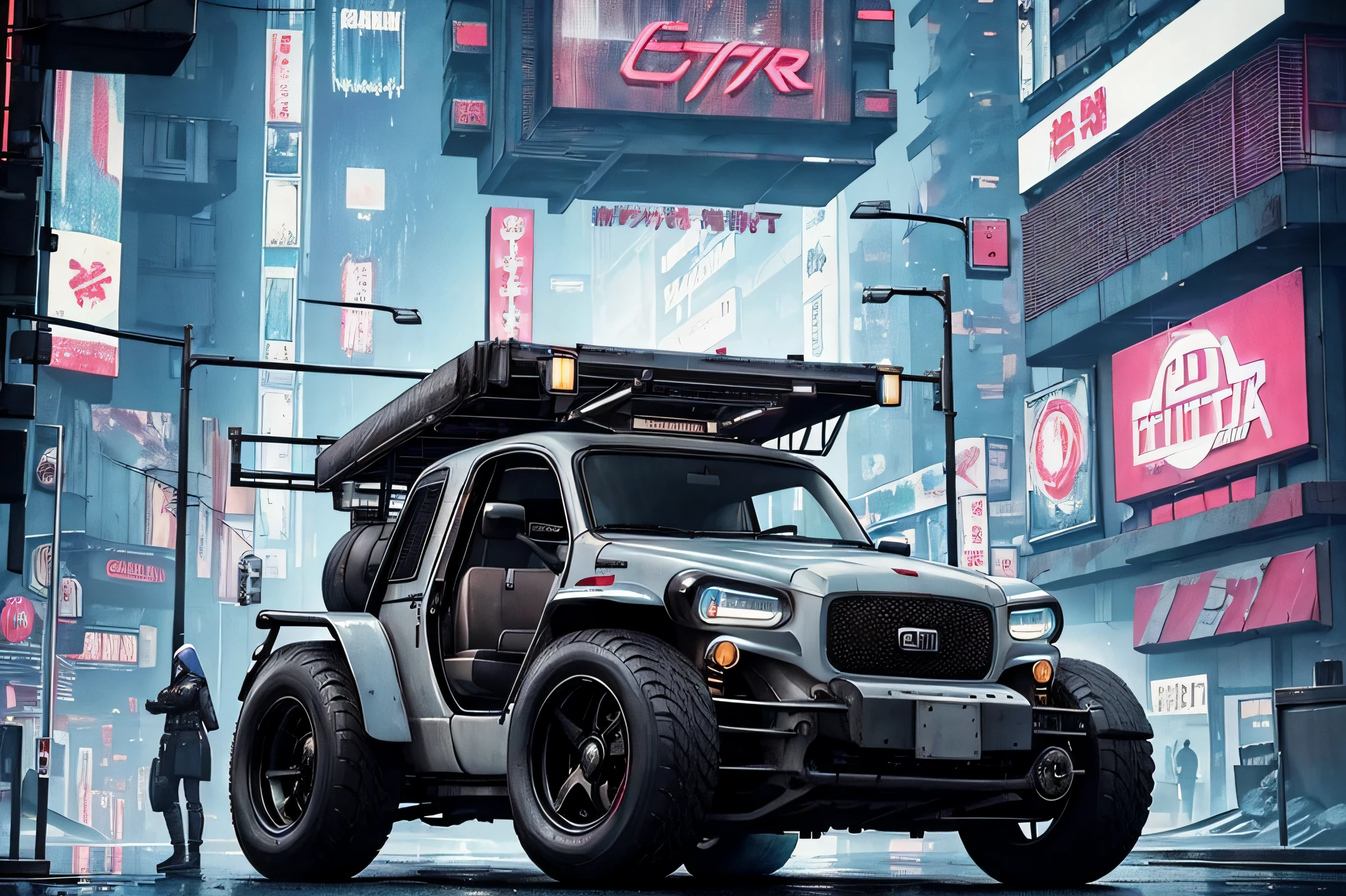 (at late night:1.3), , (detailed beautiful skin textures, detailed beautiful face, ultra detailed clothing textures), , (Cyberpunk:1.4), , (an ultra detailedfour-wheeled and long bonnet tuk-tuk with load on roof carrier and eear loading platform with luggage on it and letter-tyres), , (3/4 front view, The car is in the center of the frame), , (at parking area, at ultra detailed Night City of Cyberpunk), (All cars are classic cars with cyberpunk custumed), , (softlighting), , (masterpiece, best quality:1.4, 8k, ultra detailed, illustration, distinct_image, intricate_details, delicate illustration), (realistic:0.15),