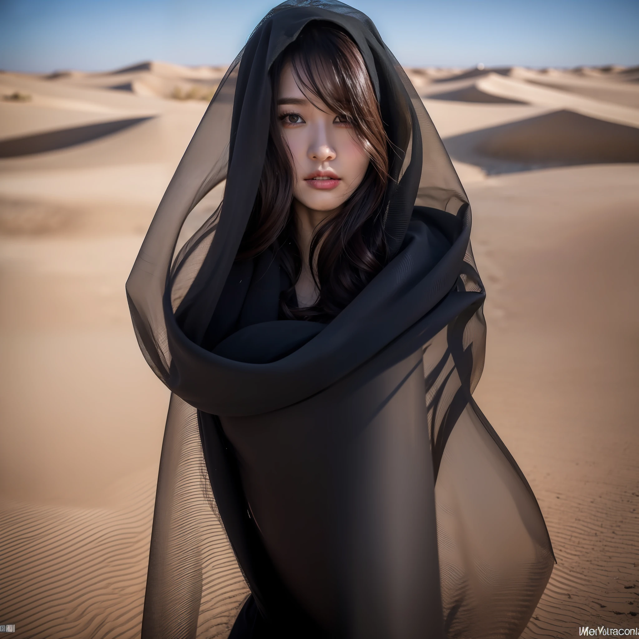 8K, RAW photo, high quality, realistic, full body photo, hip cocked, 1 girl, sideways, super detailed face, black veil, in the desert
