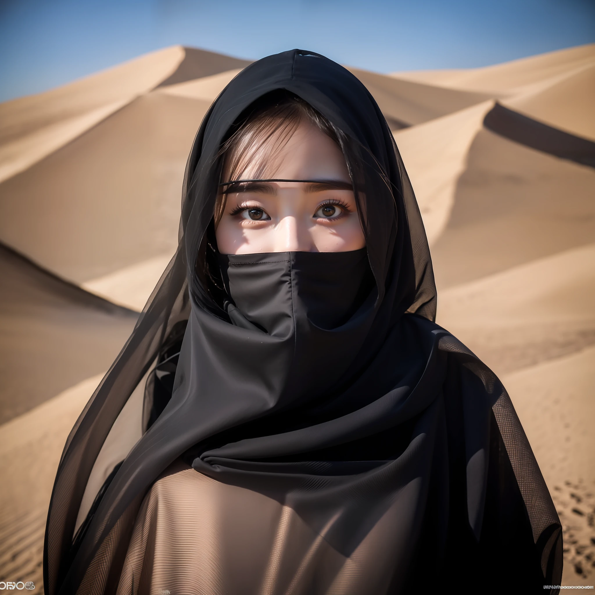 8K, RAW photo, high quality, realistic, full body photo, hip cocked, 1 girl, sideways, super detailed face, black veil, in the desert