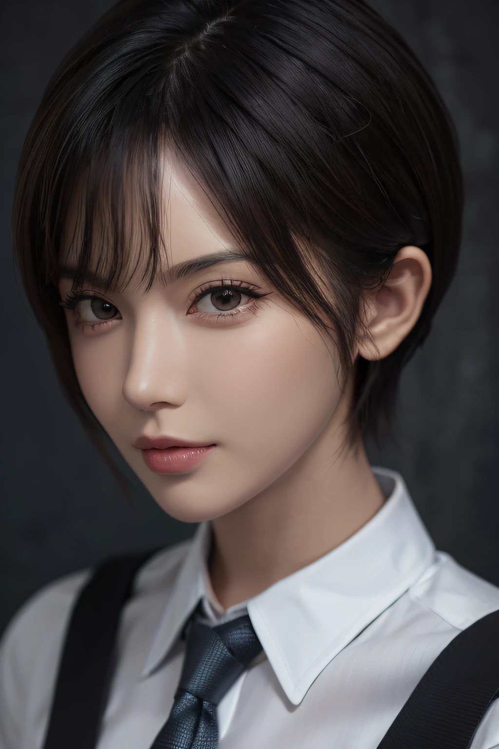 (masterpiece:1.3), (8k, photorealistic, RAW photo, best quality: 1.4), (1girl), beautiful face, (realistic face), (black hair, short hair:1.3), beautiful hairstyle, realistic eyes, beautiful detailed eyes, long eyelashes, (realistic skin), beautiful skin, medium breasts, (perfect body:1.3), (detailed body:1.2), (white collared shirt), (black pleated skirt), (necktie), absurdres, attractive, ultra high res, ultra realistic, highly detailed, golden ratio