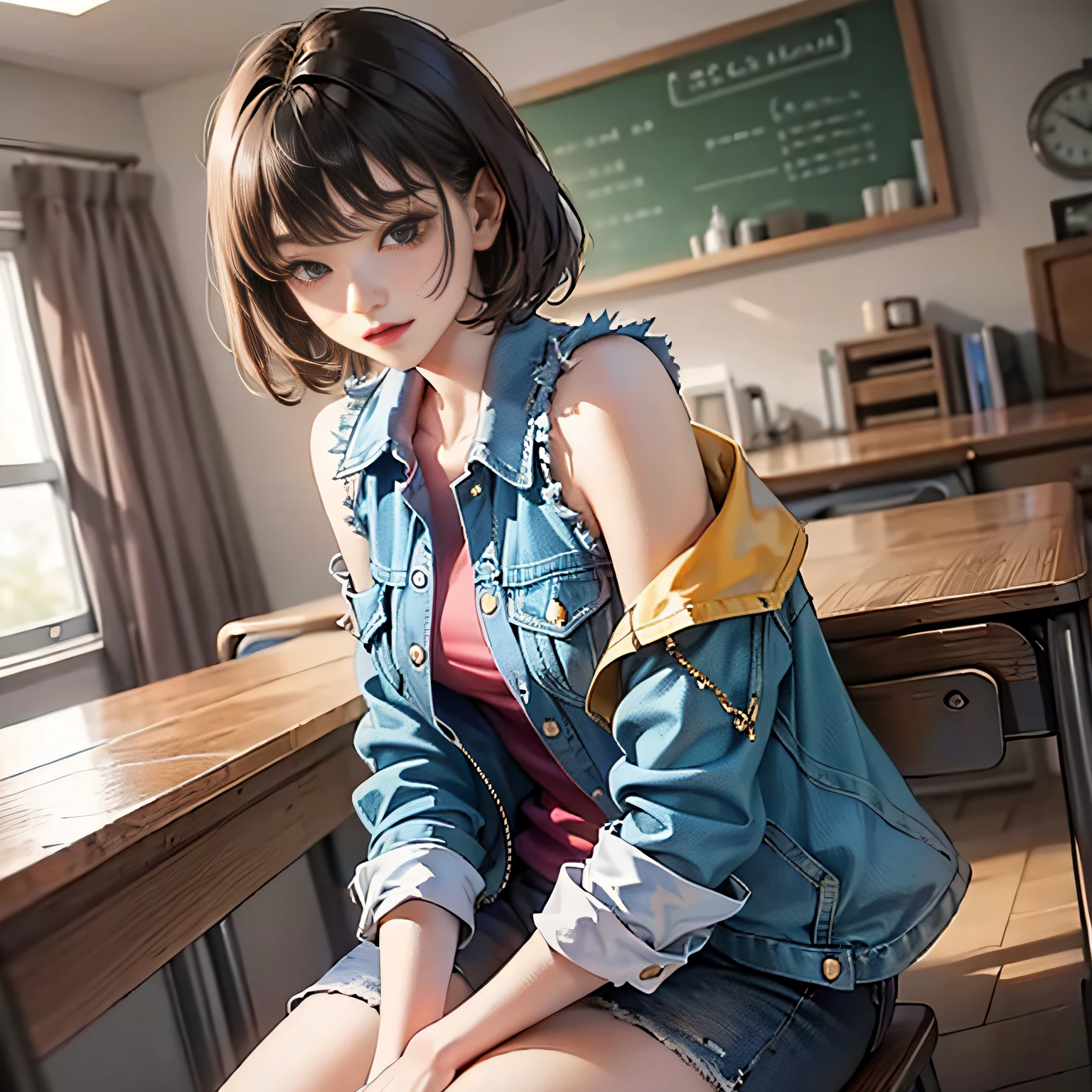 Young woman, handsome, cool, short hair, denim jacket, casual wear, school uniform, exposed shoulders, indoors