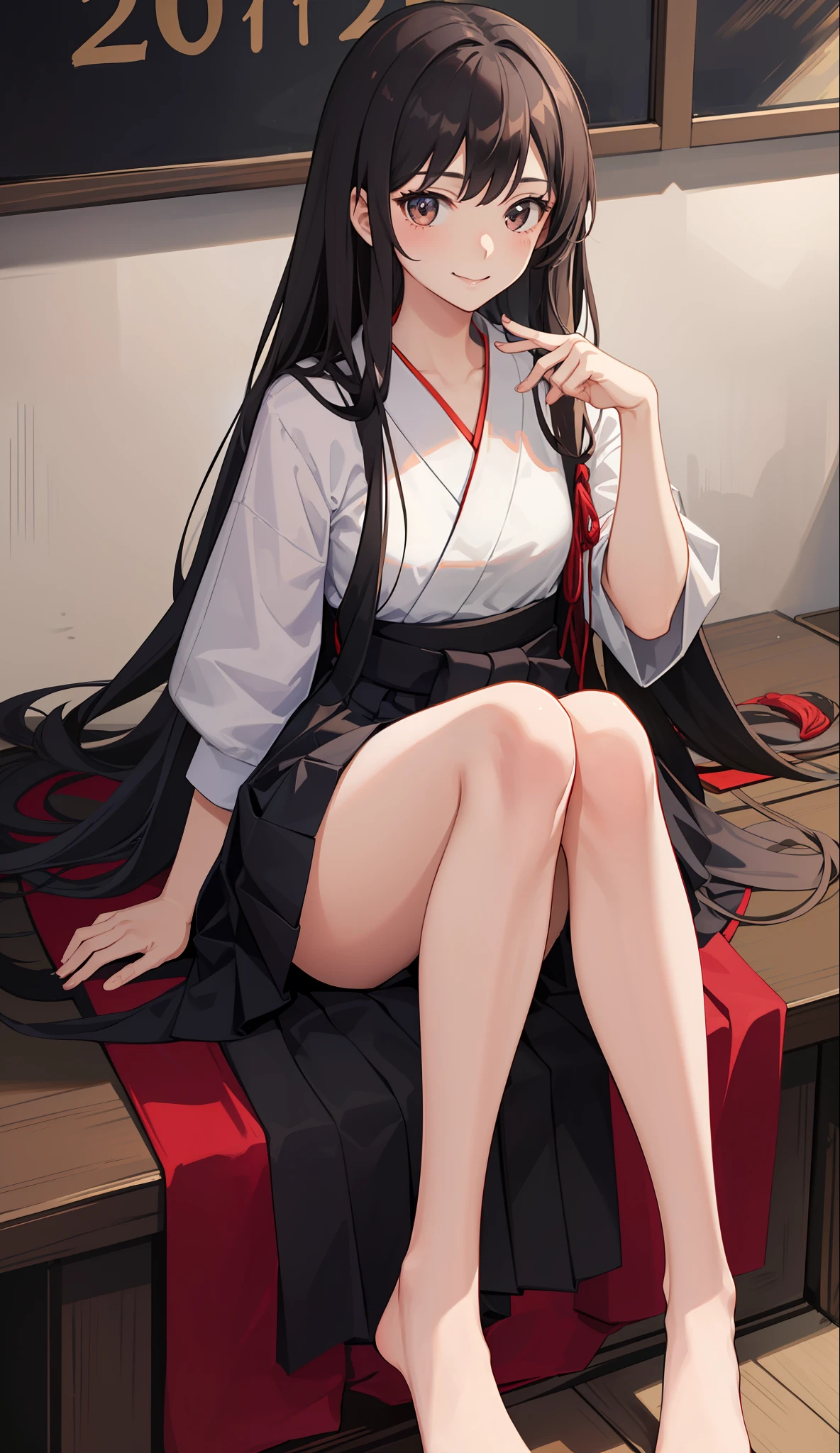 1 girl, smile, shirt, skirt, (small) chilarism, Japan high school student, priestess, vermilion hakama, New Year's bite, (portrait from knee up),