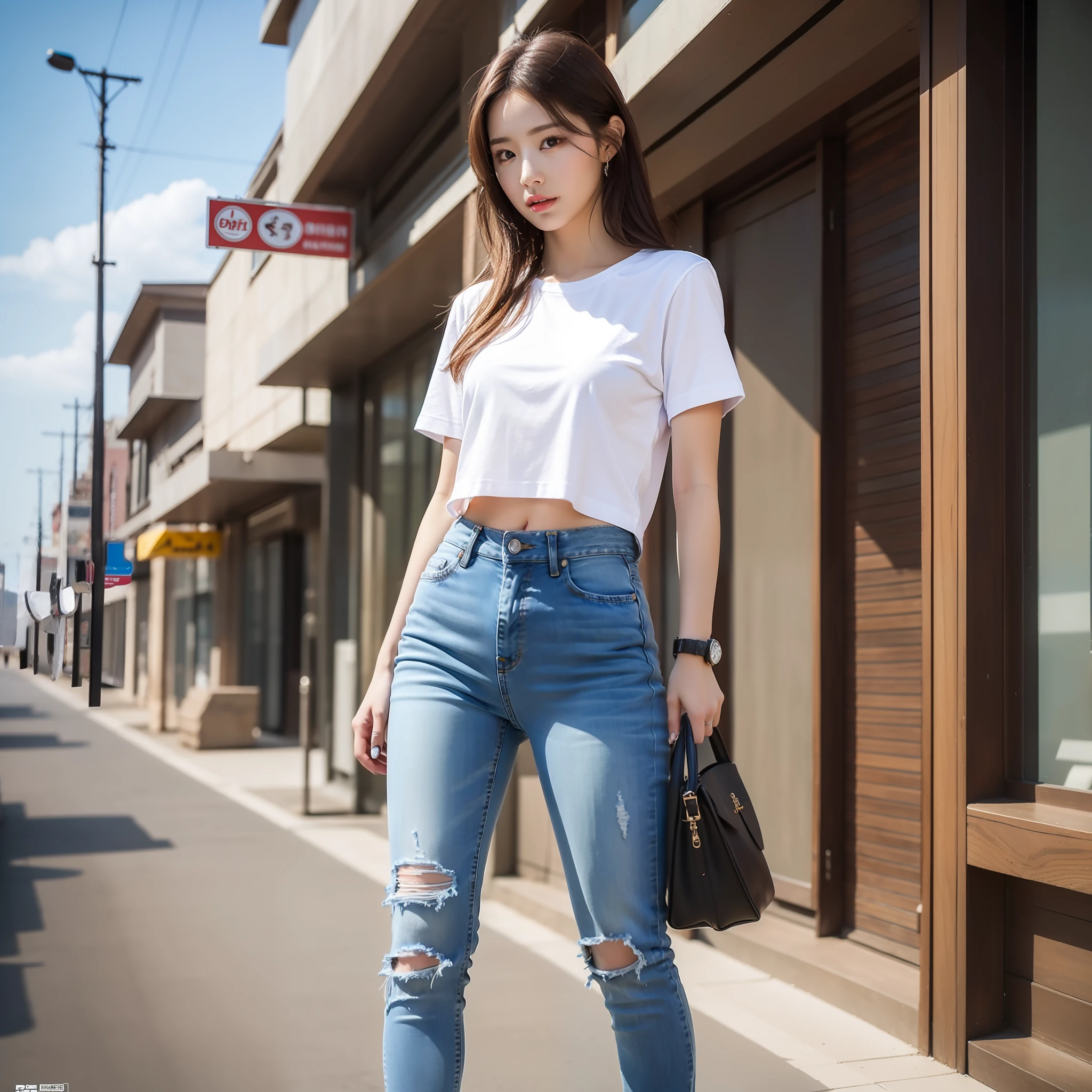 8K, RAW photo, high quality, realistic, full body photo, hip, jeans, white t-shirt, 1 girl, super detailed face