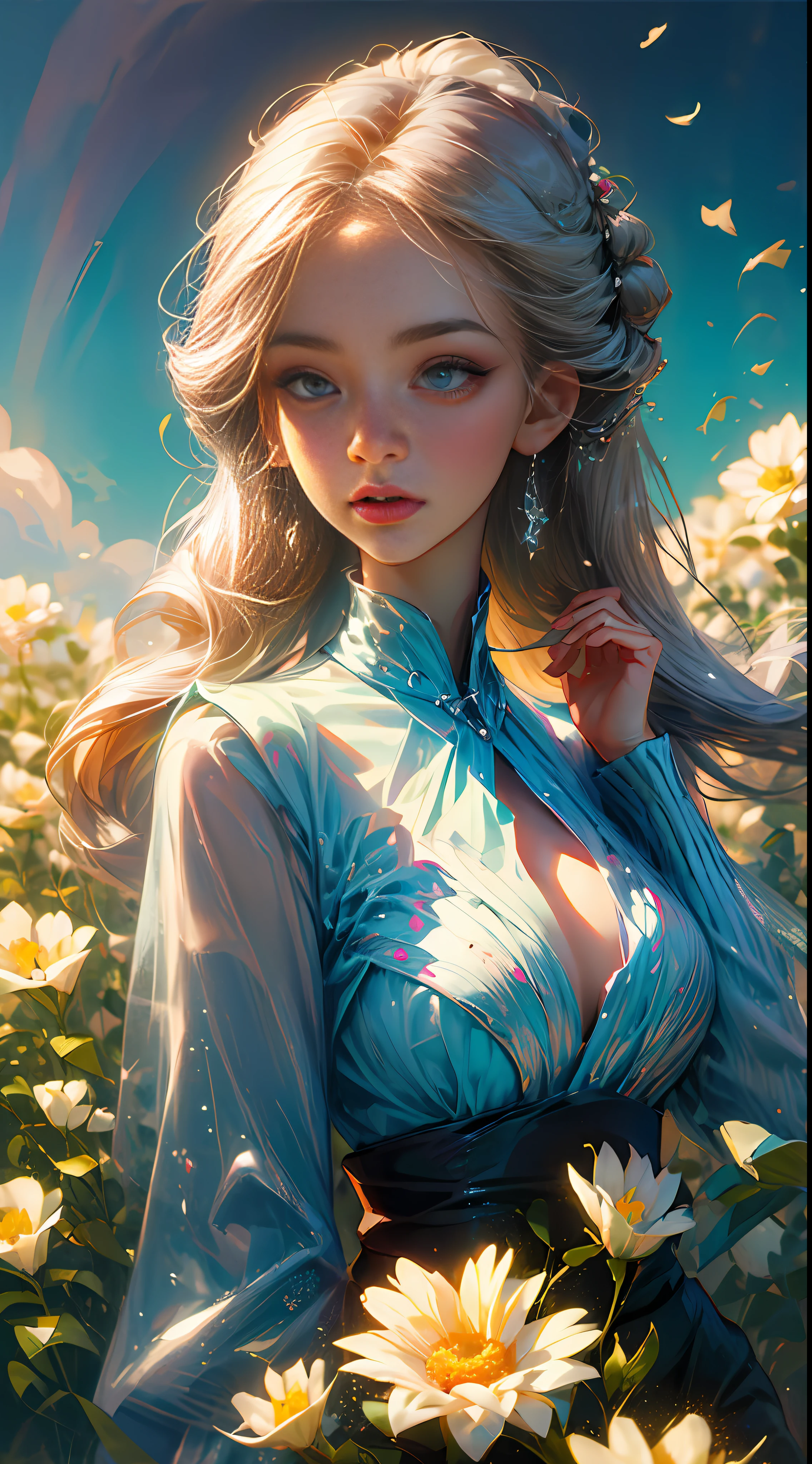 (best quality, masterpiece), 1girl, pose, particle, wind, flower, upper body, sky background, looking at the viewer, focus on the face, blonde, superior beauty, beautiful woman, celestial beauty, sunny weather, colorful flowers, spectacular scenery. --auto