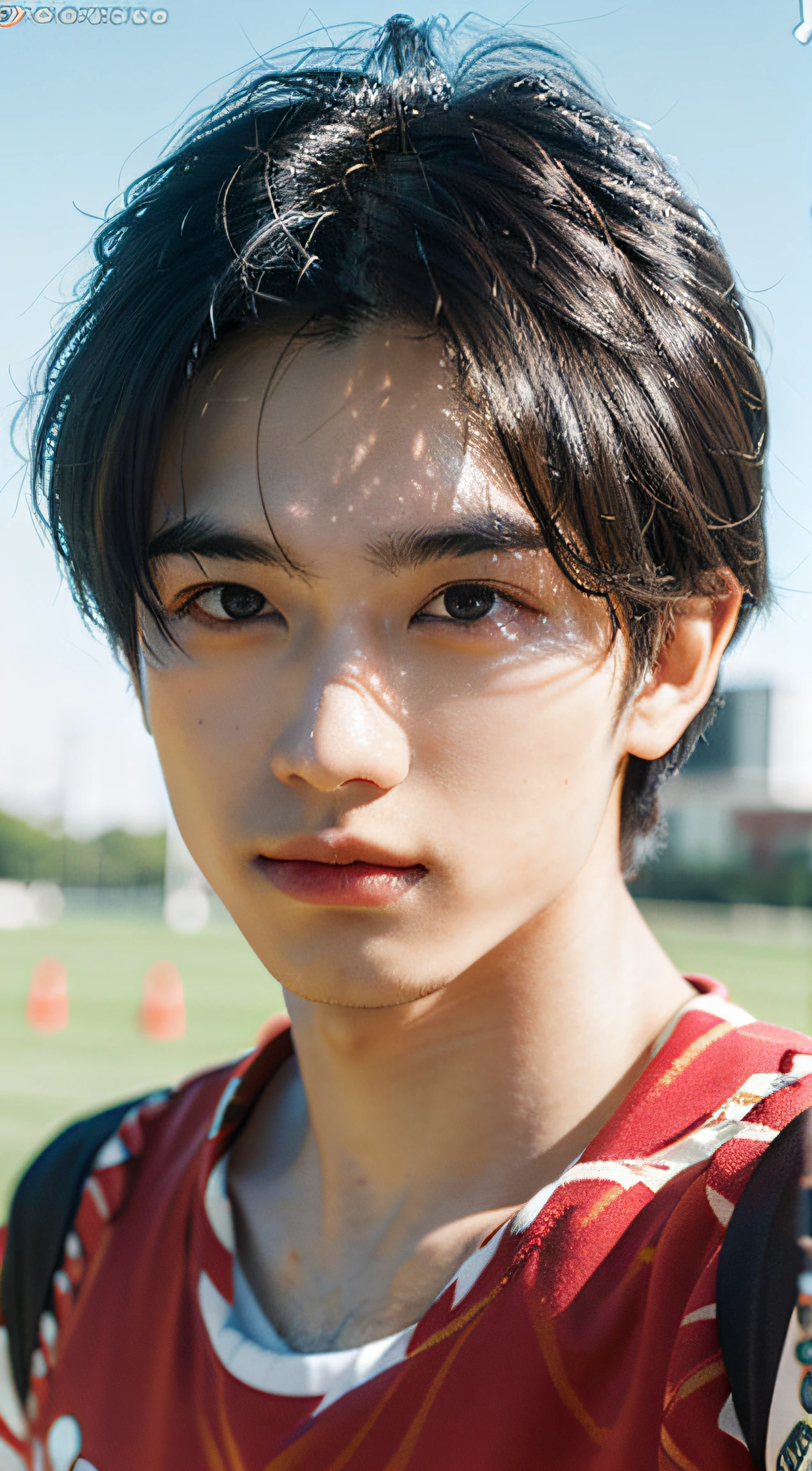 Best quality, masterpiece, super high resolution, (realistic: 1.4), original photo, wallpaper, head photo, skin, simple background, black eyes, detail, selfie, 1 boy, 18 years old, handsome, breeze, sunshine, playground