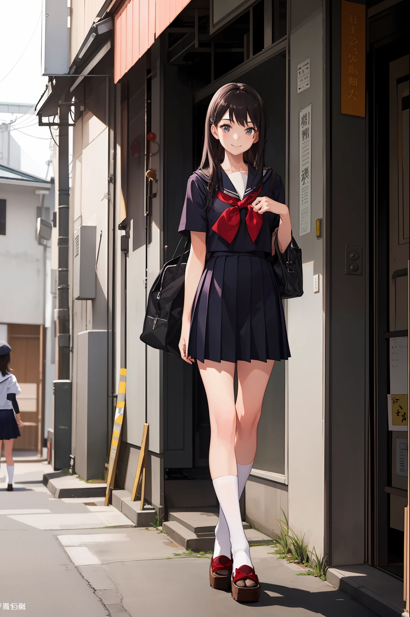 1 girl, smile, shirt, skirt, (small) chiralism, Japan high school school school uniform, serafuk, summer clothes,