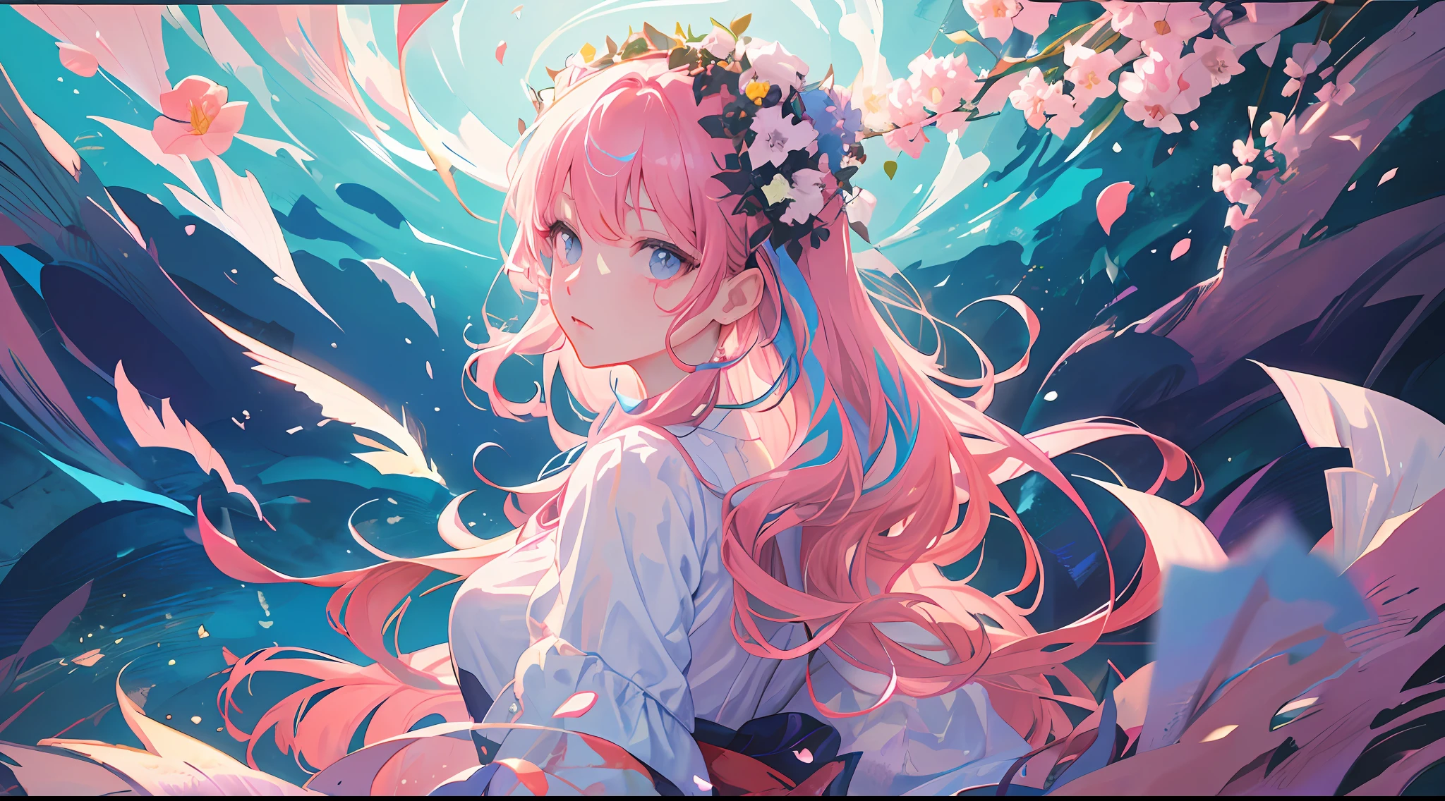 (masterpiece), (best quality), (super detailed), (disheveled hair), (illustration), (1 girl), (fashionable clothes), standing, fashion model, looking back, (interview), (brief background), beautiful detailed eyes, delicate beautiful face, floating, (high saturation), (colorful splash), colorful bubbles, (shining), focus on face, kamisato ayaka, pink hair, Bangs, hair rings, floating flowers, floating hair. girl, anime wife, looking far away, very detailed, reflective transparent iridescent color, long transparent iridescent RGB hair, art station art bee ssela fleur, thick acrylic, pixiv illustration, waist up portrait, gorgeous sacred girl, top quality, super detailed, sad, smart, beautiful face, beautiful Ryton black background, Character stvle rendered by Octane,