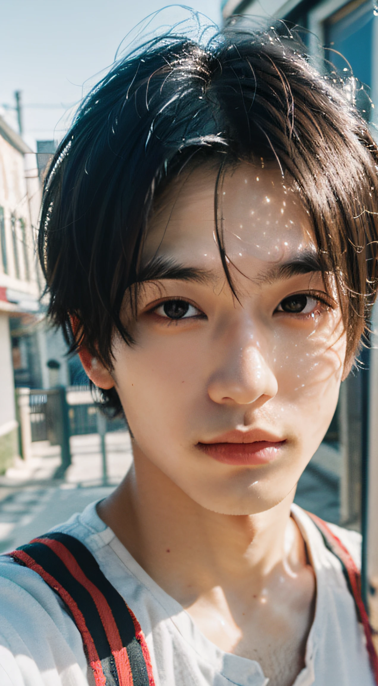 Best quality, masterpiece, super high resolution, (realistic: 1.4), original photo, wallpaper, head photo, skin, simple background, black eyes, detail, selfie, 1 boy, 18 years old, handsome, breeze, sunshine, playground