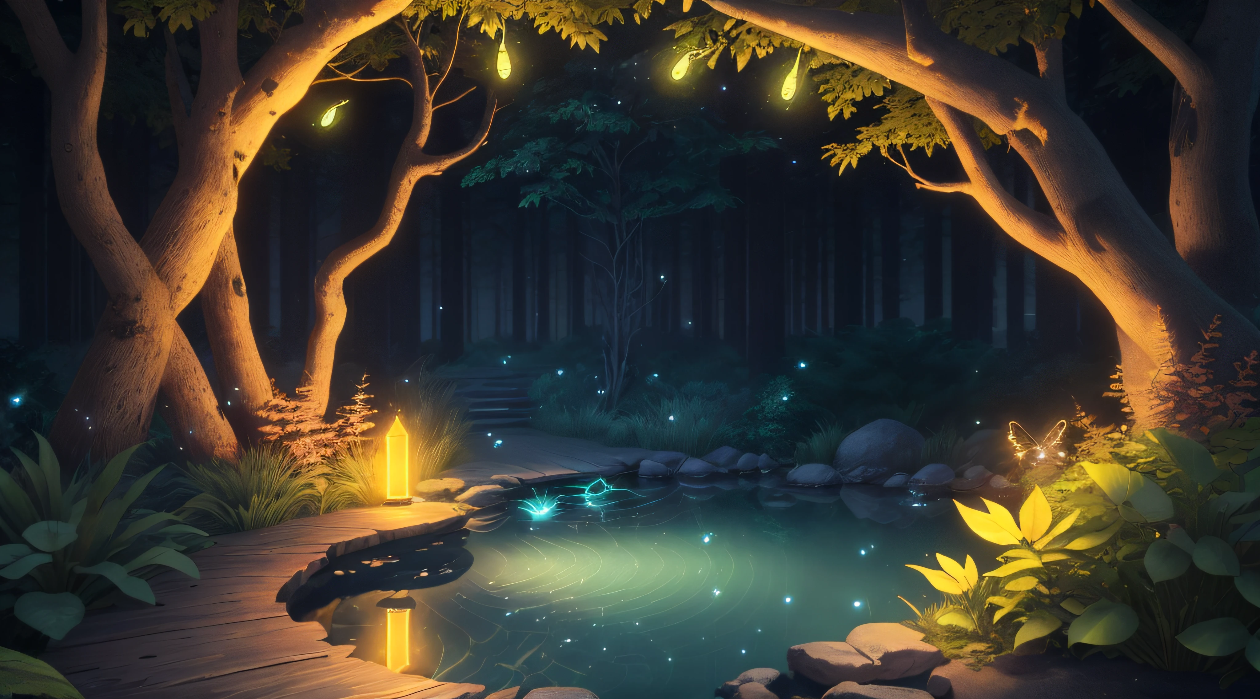 Masterpiece, best quality, (very detailed CG unity 8k wallpaper), (best quality), (best illustration), (best shadows), glow sprite, with a glowing deer, in the swimming pool Drinking water, natural elements in the forest theme. Mysterious forest, beautiful forest, nature, surrounded by flowers, delicate leaves and branches surrounded by fireflies (natural elements), (jungle theme), (leaves), (twigs), (fireflies), (particle effects) etc. 3D , Octane rendering, ray tracing, super detailed