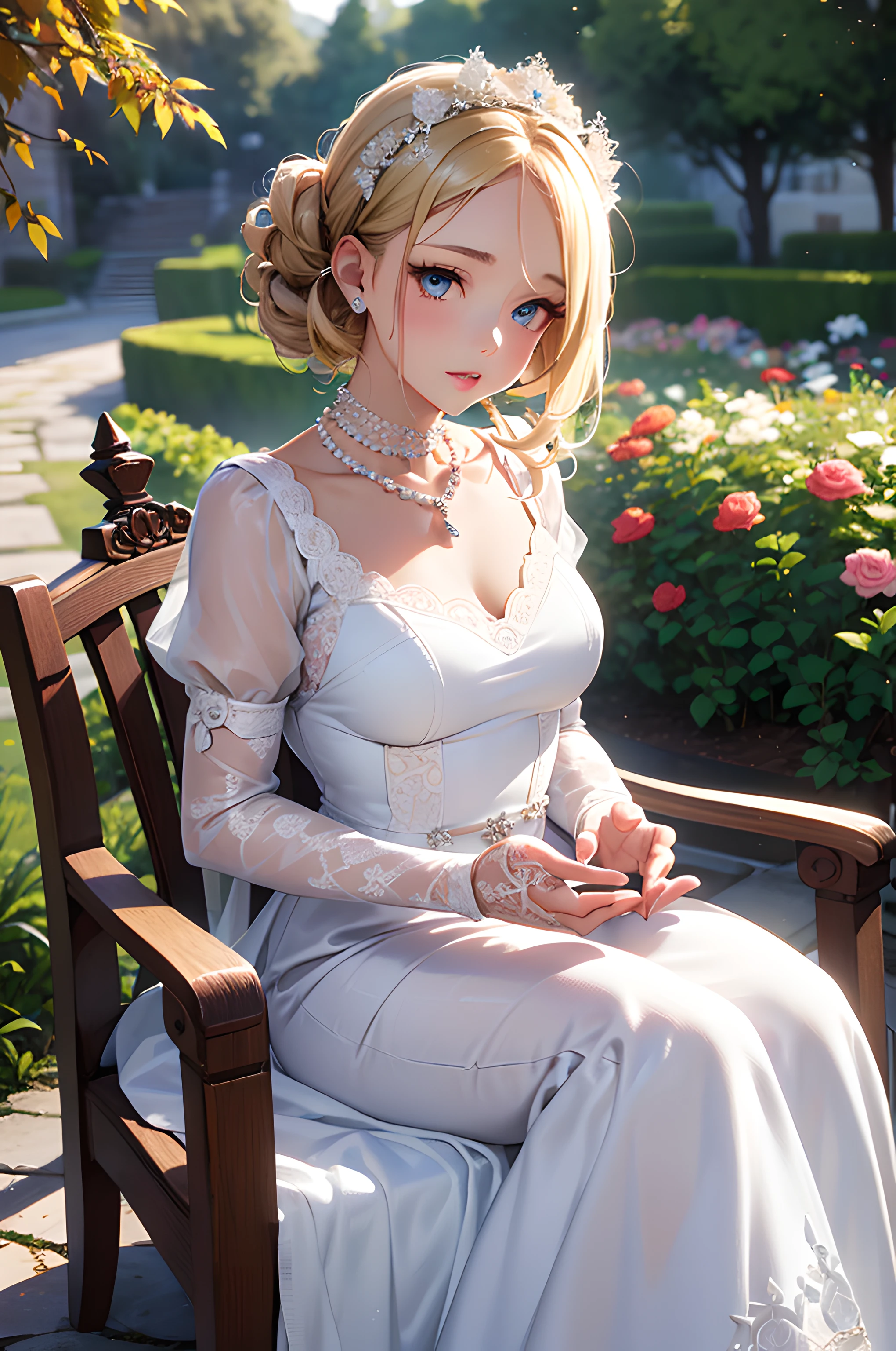 (masterpiece), (portrait), (aesthetic), (beautiful), (upper blody), (high quality), (aesthetic clothings), (professional angle), (rule of thirds), (Feminine), (woman), (female), (beautiful),(feminine features), (21 years), solo, 1 woman, a (attractive British), Autumn, (Falling Leaves), (Evening), (Soft light), ((Vintage Garden Wedding)), (), ((Looking Sideways Face)), ((Romantic)), (Vintage Make-up), (Moderate Bust), (Lace Gloves, Pearl Necklace), ((Medium Hair)), (Blonde Hair), (Curly Hair), (Updo with Curls hair), (- in Hair), (Softly Closed Eyes), (Blue Eyes), (Timeless Look), Fair skin, (- Clothing), (Vintage Lace Dress), (wedding dress), (Flowing Skirt ), (Boat Neck Neckline), ((English Garden background)), (Close-up Shot Shot), beautiful hands, two hands, normal hands, two arms, complete hands, beautiful body, beautiful fingers, normal fingers, five fingers, five fingers, beautiful ears, normal ears, beautiful eyes, shiny eyes, beautiful mouth, beautiful lips,