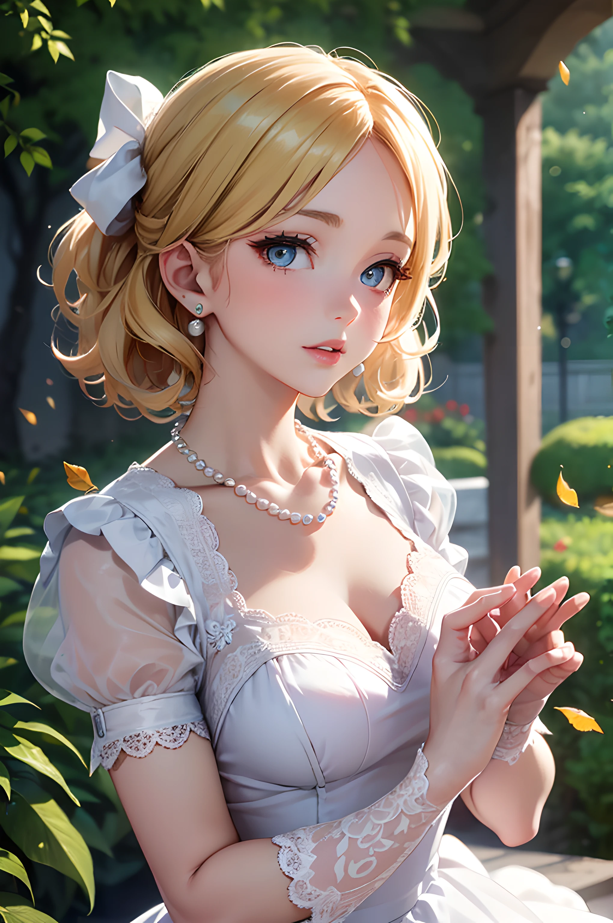 (masterpiece), (portrait), (aesthetic), (beautiful), (upper blody), (high quality), (aesthetic clothings), (professional angle), (rule of thirds), (Feminine), (woman), (female), (beautiful),(feminine features), (21 years), solo, 1 woman, a (attractive British), Autumn, (Falling Leaves), (Evening), (Soft light), ((Vintage Garden Wedding)), (), ((Looking Sideways Face)), ((Romantic)), (Vintage Make-up), (Moderate Bust), (Lace Gloves, Pearl Necklace), ((Medium Hair)), (Blonde Hair), (Curly Hair), (Updo with Curls hair), (- in Hair), (Softly Closed Eyes), (Blue Eyes), (Timeless Look), Fair skin, (- Clothing), (Vintage Lace Dress), (wedding dress), (Flowing Skirt ), (Boat Neck Neckline), ((English Garden background)), (Close-up Shot Shot), beautiful hands, two hands, normal hands, two arms, complete hands, beautiful body, beautiful fingers, normal fingers, five fingers, five fingers, beautiful ears, normal ears, beautiful eyes, shiny eyes, beautiful mouth, beautiful lips,