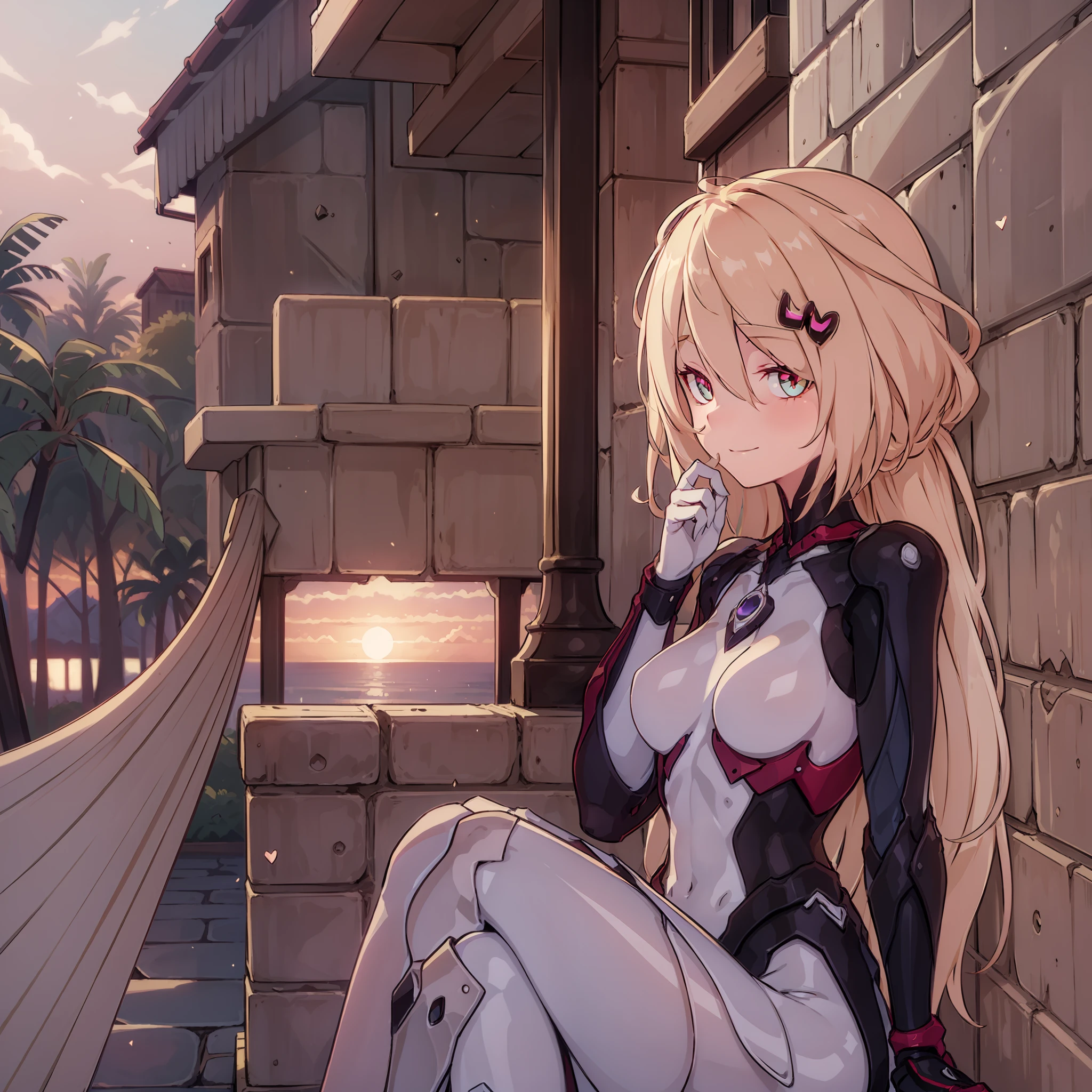Women, Sitting leaning against the wall,good contrast, good lighintg, glowing clothes, eyes shadow, (eyes looks in the middle, delicate smiling), close up, On the sky island, Sunset View