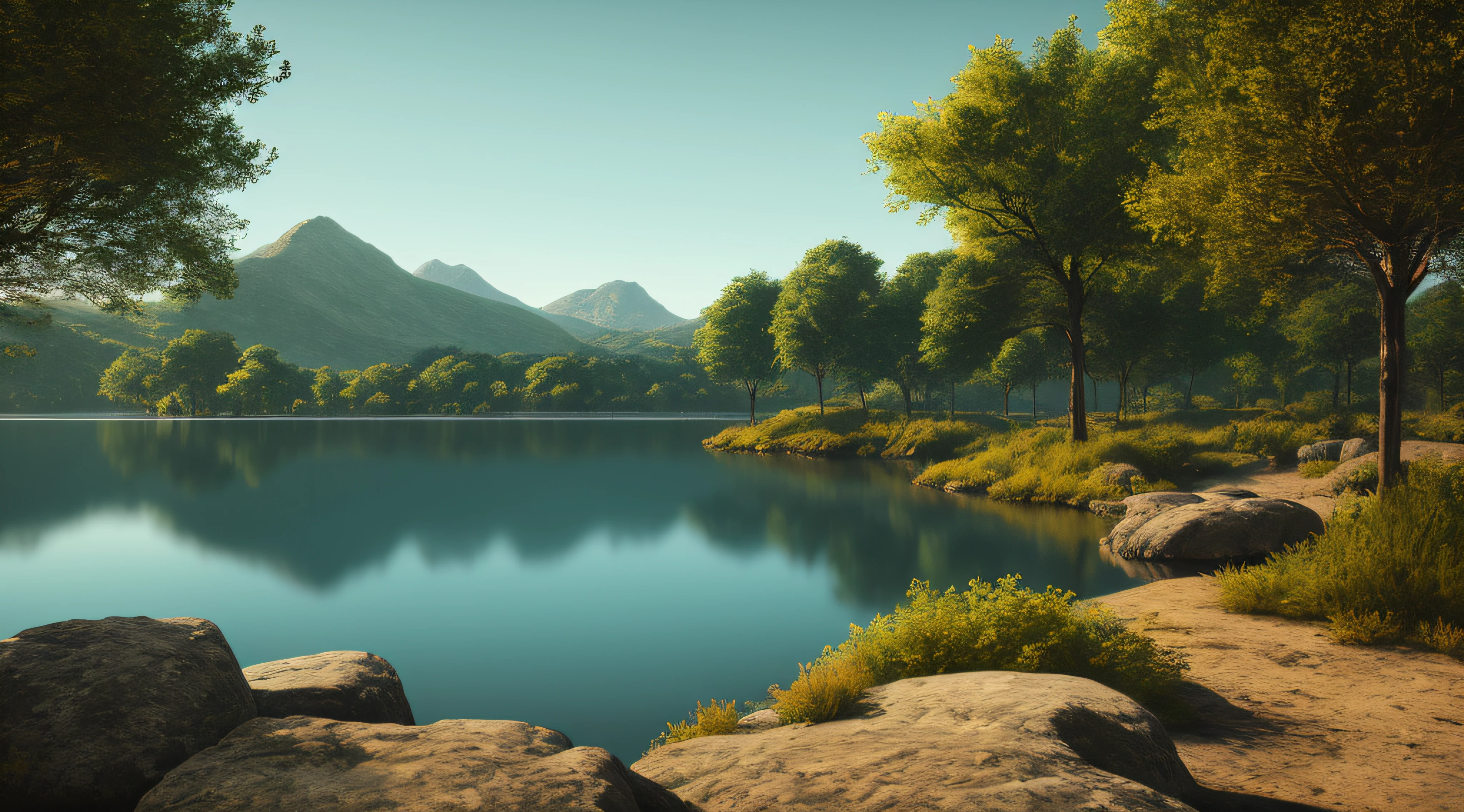 A peaceful place, very pleasant, aesthetic, calm, scenic. photorealistic, 8k uhd, studio quality, ultra realistic, max detail, massive scale, post-processing, realistic, photorealism, photoshop, photography, detailed, cinematic lighting, landscape, panoramic, landscape, raytracing, cinema4d