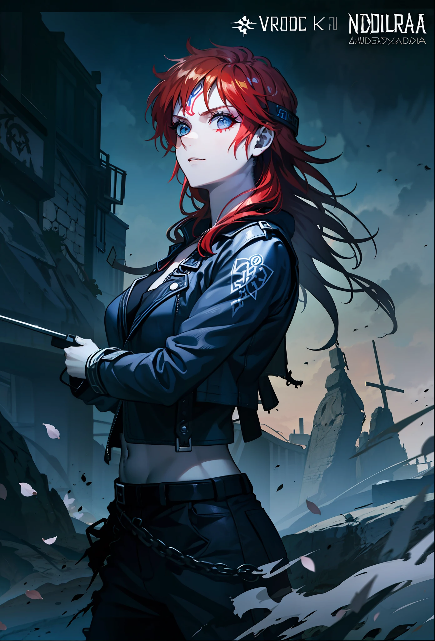 Undead red-haired Viking warrior with Nordic amadura and rune tattoos on her face and blooming blue eyes, 4k