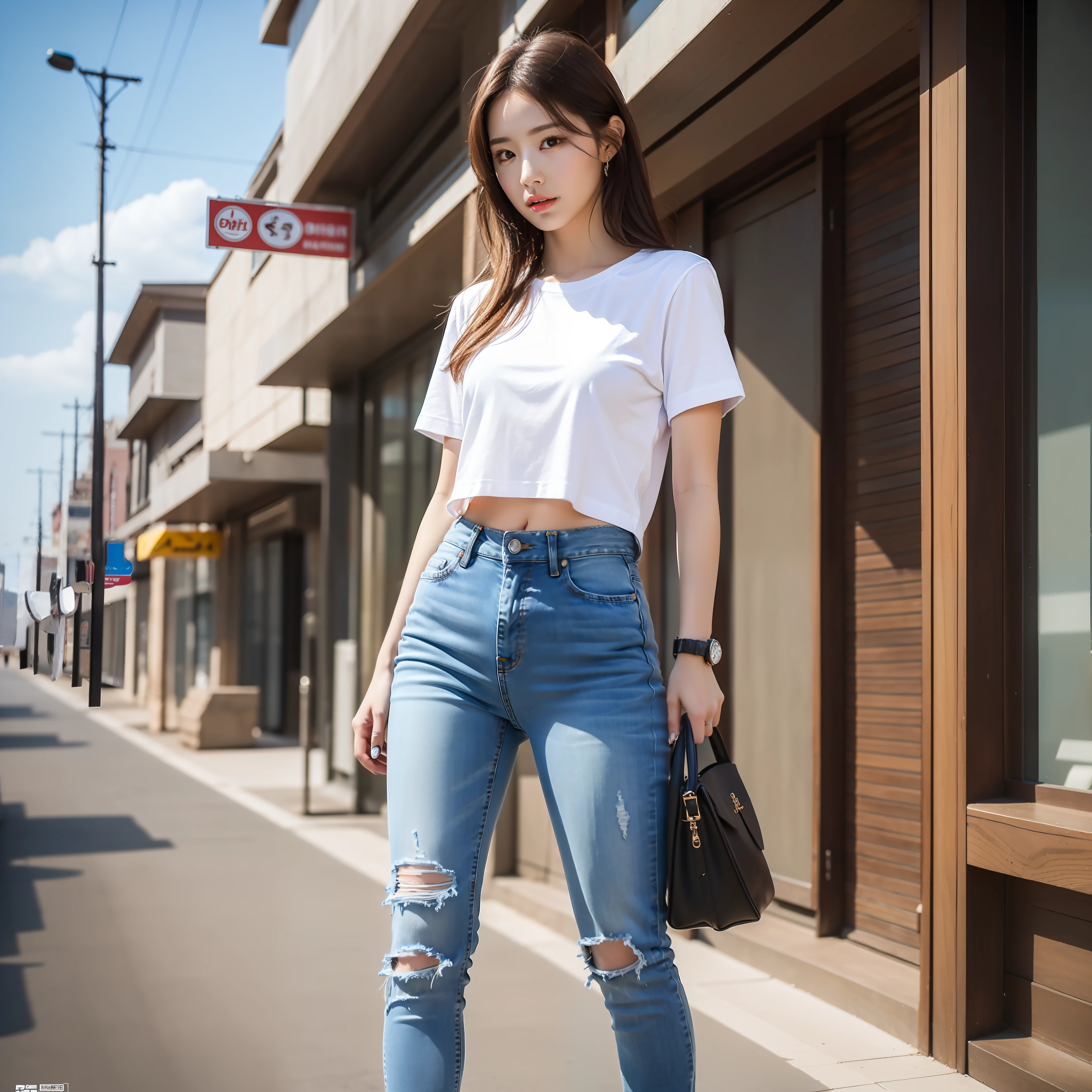 8K, RAW photo, high quality, realistic, full body photo, hip, jeans, white t-shirt, 1 girl, super detailed face
