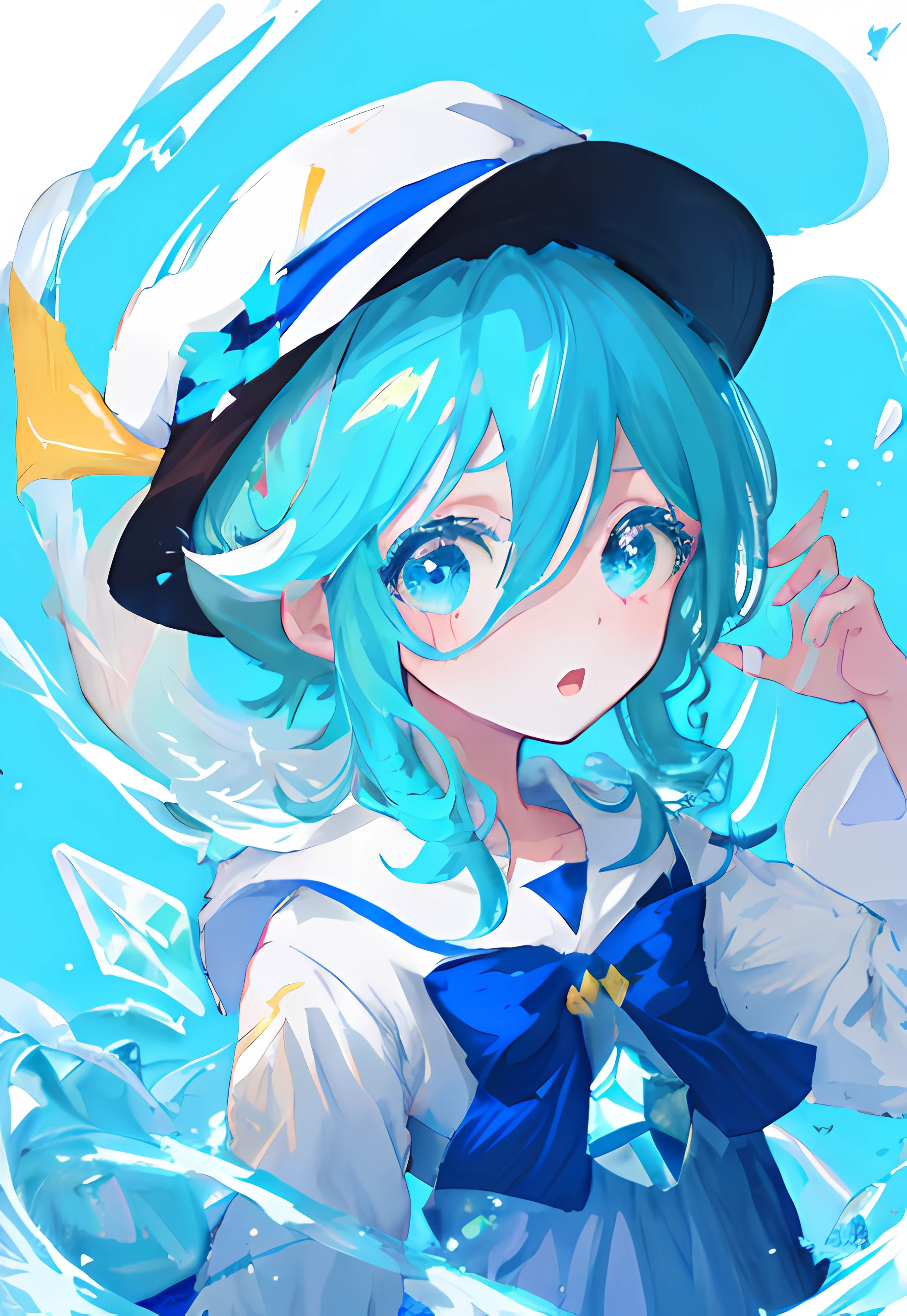 anime character with a top hat and a blue dress, splash art anime loli, an anime portrait of cirno, cirno, avatar image, genshin, ashe, water element, cerulean, genshin impact character, wallpaper anime blue water, ice mage, from arknights, hero 2 d fanart artsation, freezing blue skin, azure blue watery eyes