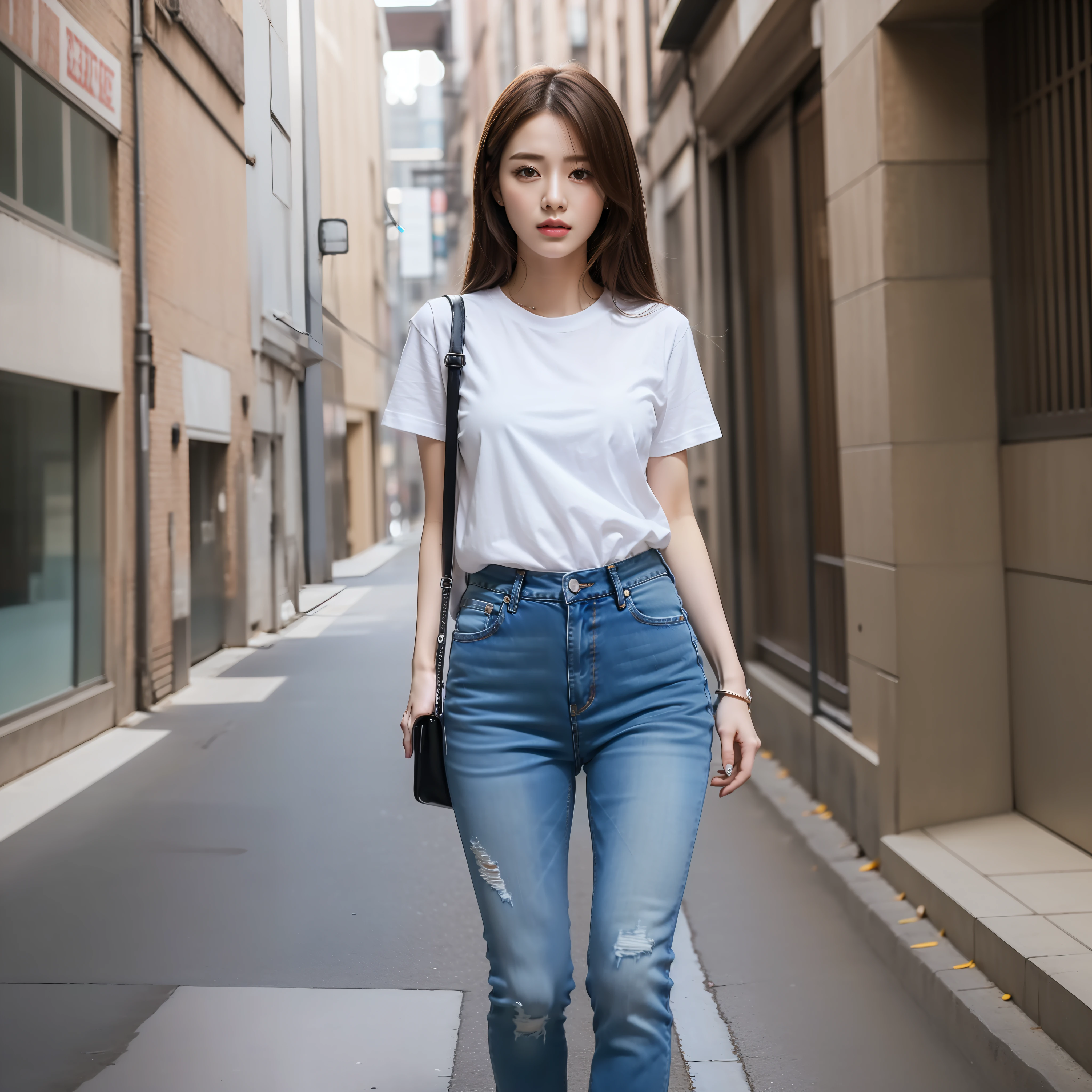 8K, RAW photo, high quality, realistic, full body photo, hip, jeans, white t-shirt, 1 girl, super detailed face