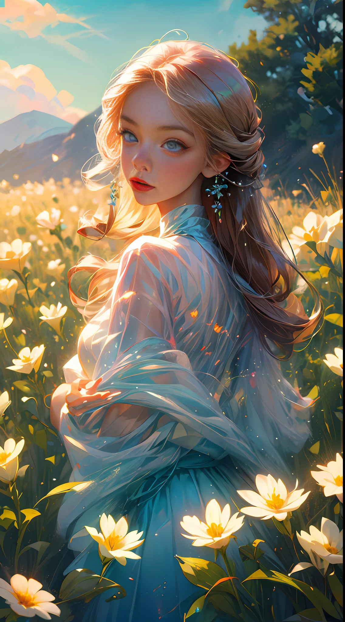 (best quality, masterpiece), 1girl, pose, particle, wind, flower, upper body, sky background, looking at the viewer, focus on the face, blonde, superior beauty, beautiful woman, celestial beauty, sunny weather, colorful flowers, spectacular scenery. --auto