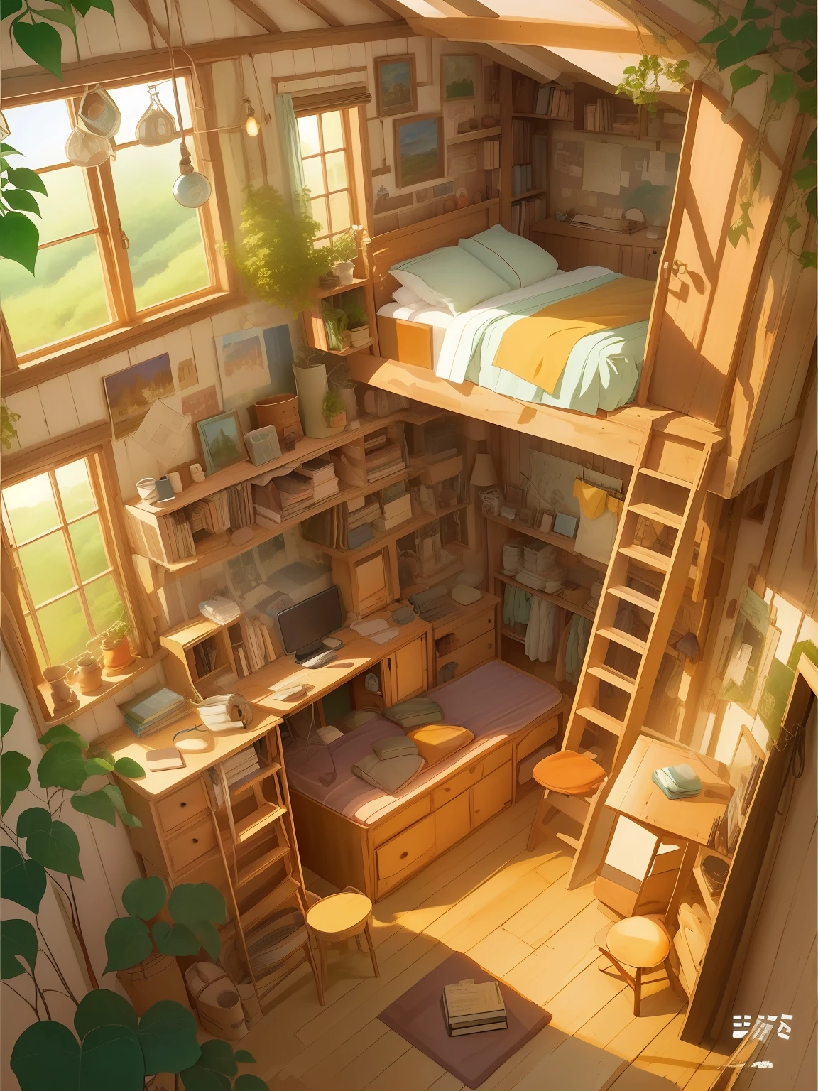 there is a room with a bed, a desk, and a ladder, cottagecore!!, anime background art, anime scenery concept art, bedroom in studio ghibli, ghibli studio style, studio ghibli aesthetic, cute detailed artwork, interior background art, cozy home background, ghibli art style, anime background, cottagecore, anime scenery, art-house aesthetic