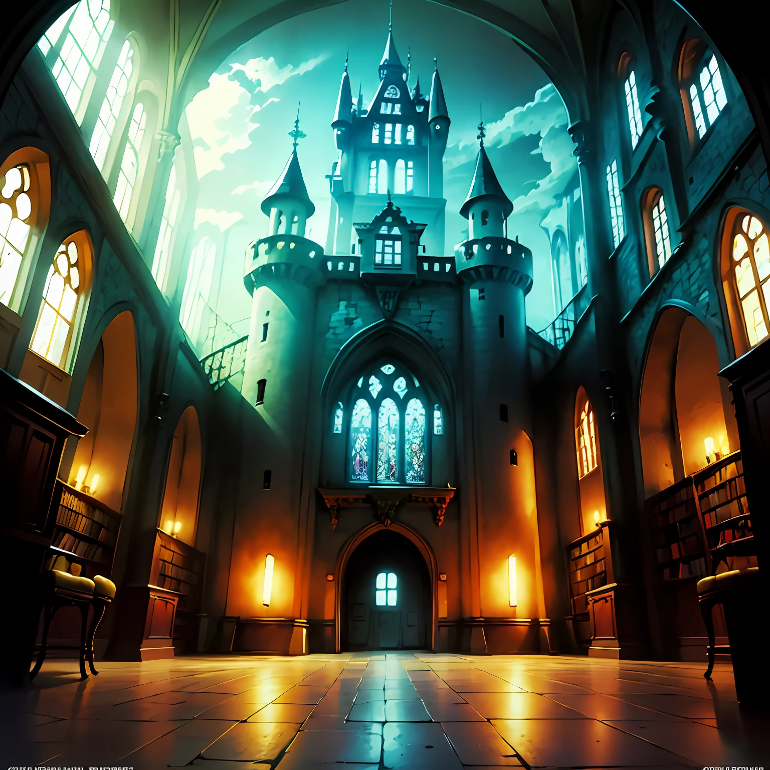 (anime setting) ,(digital art), (anime), anime style digital art, castle hall,m castle golden adornments, scenery, an anime castle seen from within, simpler and flatter painting, castle corridor, with golden adornments, CASTLE HALL, CASTLE LIBRARY, CASTLE WITH COLORFUL STAINED GLASS