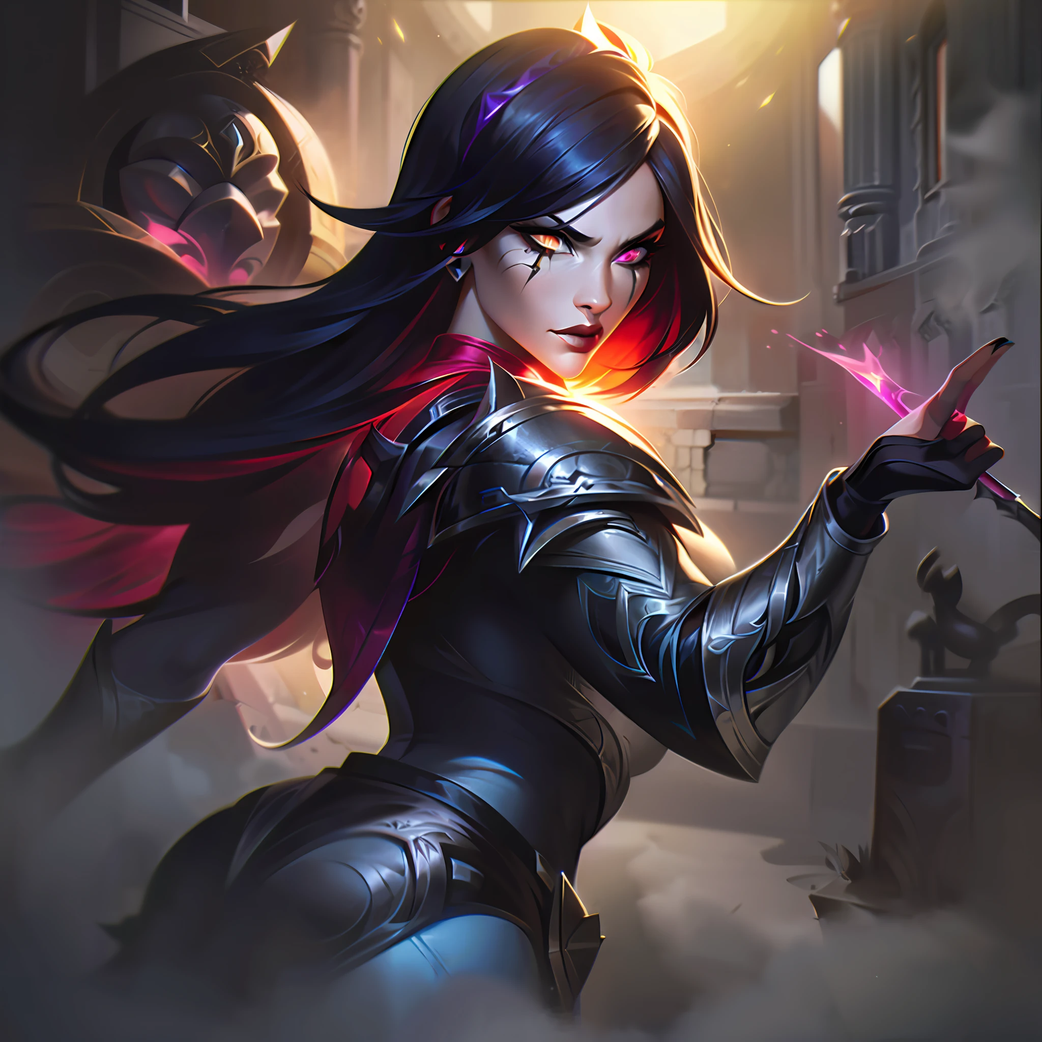 (masterpiece, ultra detailed)), concept art, illustration, digital art, 1girl, alone, standing, pale young woman surrounded by black smoke with ash ((angry face)) hidden in gothic cathedral, ( (very long hair, black hair)),((red iris and pupil)), knight, silver black knight armor, ((incredibly beautiful)), beautiful eyes, dynamic pose, ready battle posture, elegant pose, red ash, volumetric smoke black dense dark theme, black smoke with ash, dark theme, hdr, bloom, bright, dimming lighting, backlight, cinematic lighting, soft lighting, natural lighting, dramatic lighting, dark lighting, (ornate), intricate, highly detailed, hyper-realistic, trend in artstation, award-winning, fascinating, elegant, RAW photo, absurd, highres, 4k, studio quality, octane, 8k uhd, League of Legends close-up, Splash art, ja, Ionia, Noxian armorAnime - Style illustrations of a warrior holding a shining torch, Taliyah, Zenra Taliyah, Ahri, Irelia, Youthful Taliyah, Portrait of Ahri, LeBlanc, from League of Legends, Akali, Iconic Character Splash Art, Katerina, Riot Games Concept Art, Extremely Detailed Artgerm, League of Legends Concept Art