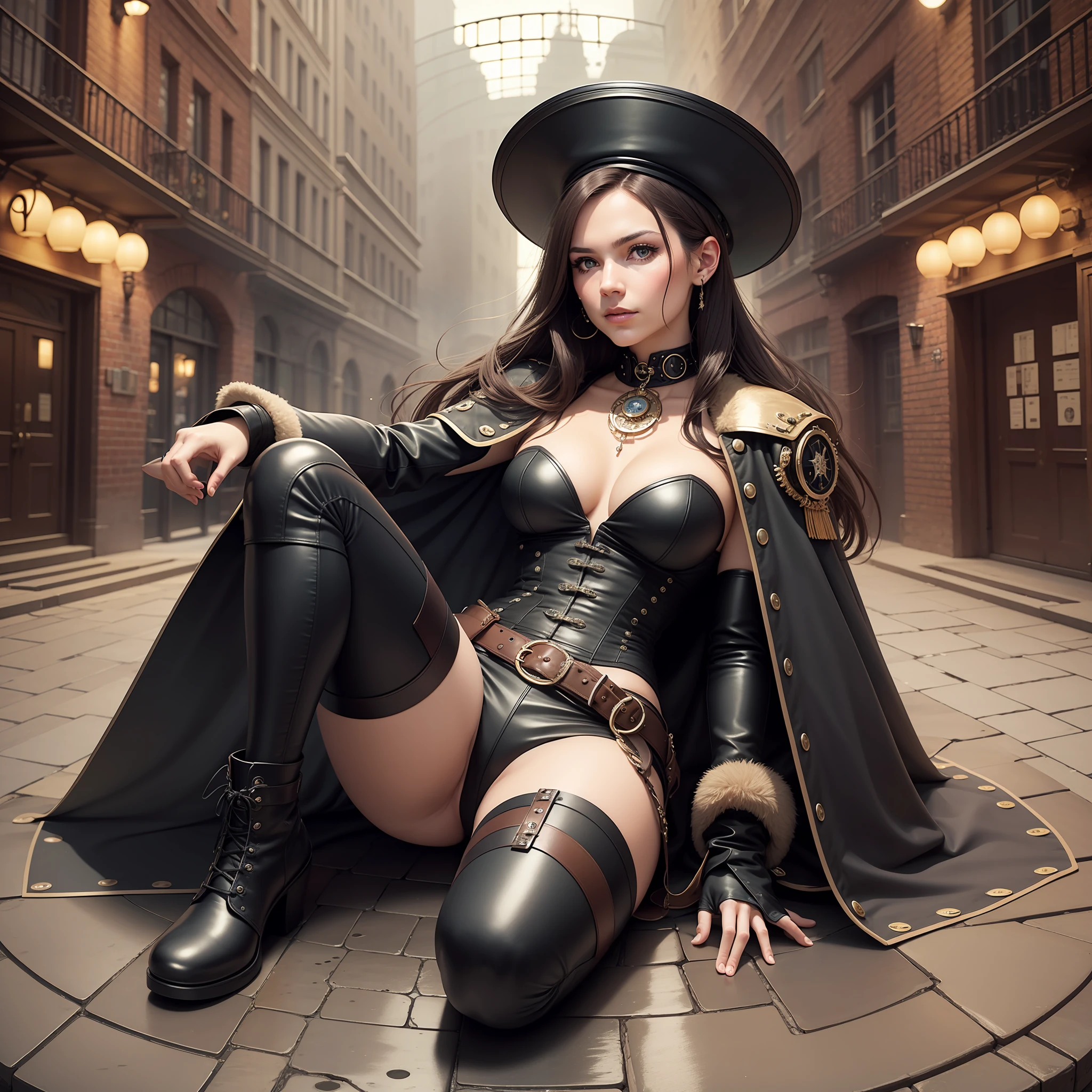 Sting,Full Body,(Complex Details), 30 years old, Mature Beautiful Girl,Small,Perfect Face, Makeup:1.5, Light on Face, Facial Details, Long Hair,Dark Brown Hair,Straight Hair,Steampunk,Leather Bustier,Leather Shorts,Top Hat,Black Cloak,Black Long Boots,Um Home Defense, Conceptual Art, Realism, Godley, motion picture lighting, multiview, Canon, UHD, high-detail, high-quality, HD, 16k
