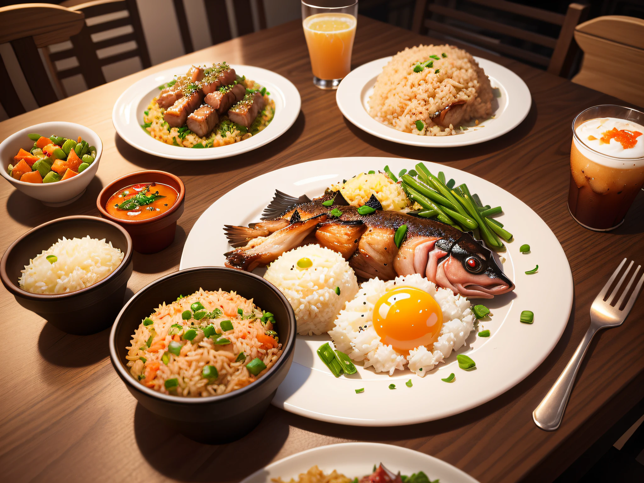 Semi-realistic style, Chinese style, several plates of food on the table, fried rice with green onion and egg, braised pork, steamed fish, glass drink cups, restaurant, low poly, lowpoly, best detail, 3d, masterpiece, best quality, Unreal Engine, 8K