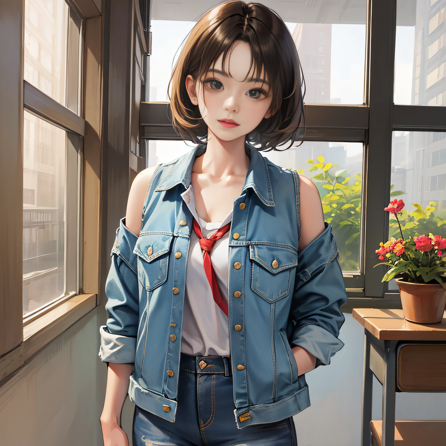 Young woman, handsome, cool, short hair, denim jacket, casual wear, school uniform, exposed shoulders, indoors