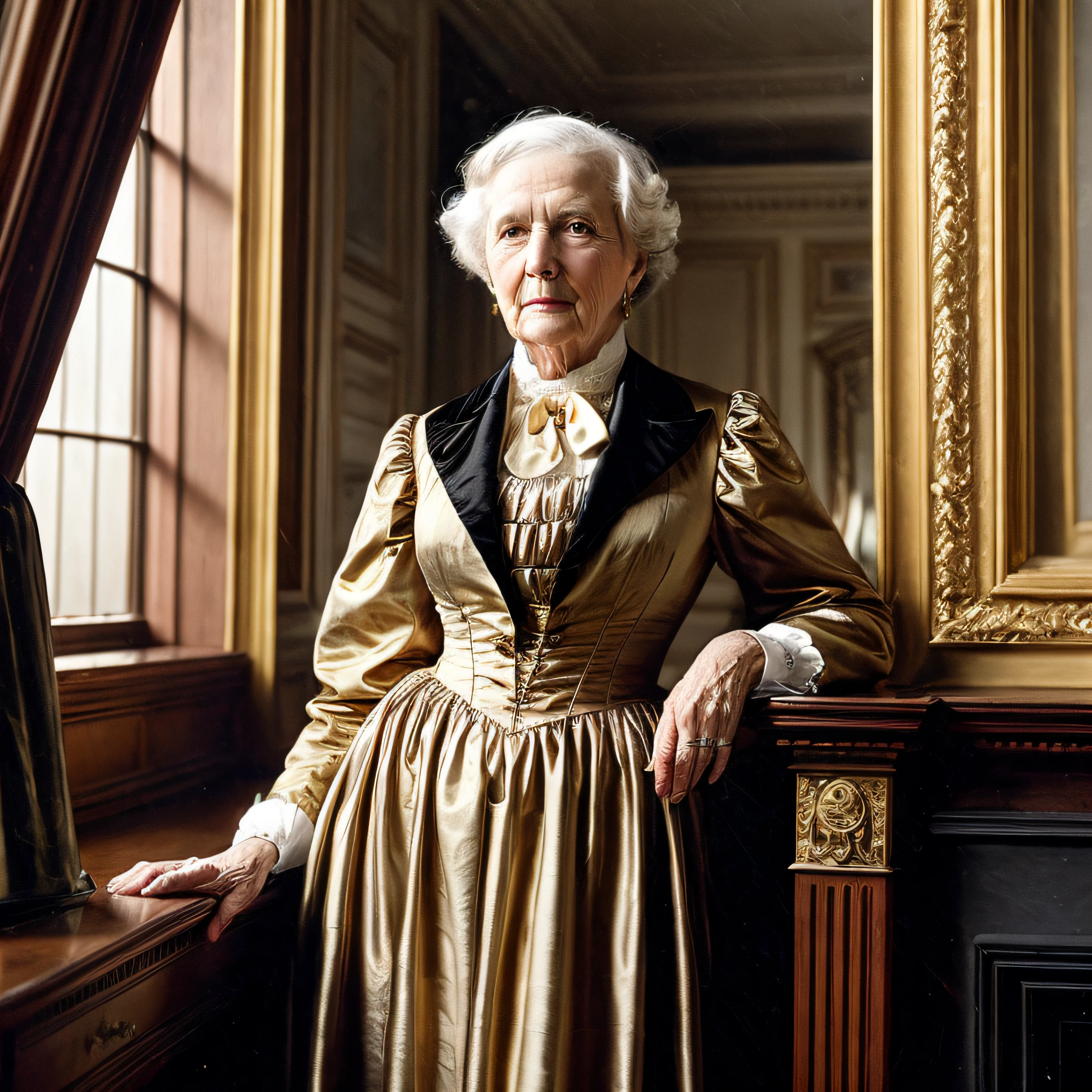 Portrait of a wealthy woman of the 1800s, in her 70s, thin and pale, wearing a large brown dress with gold details, alone inside a luxurious mansion of the time, film lighting
