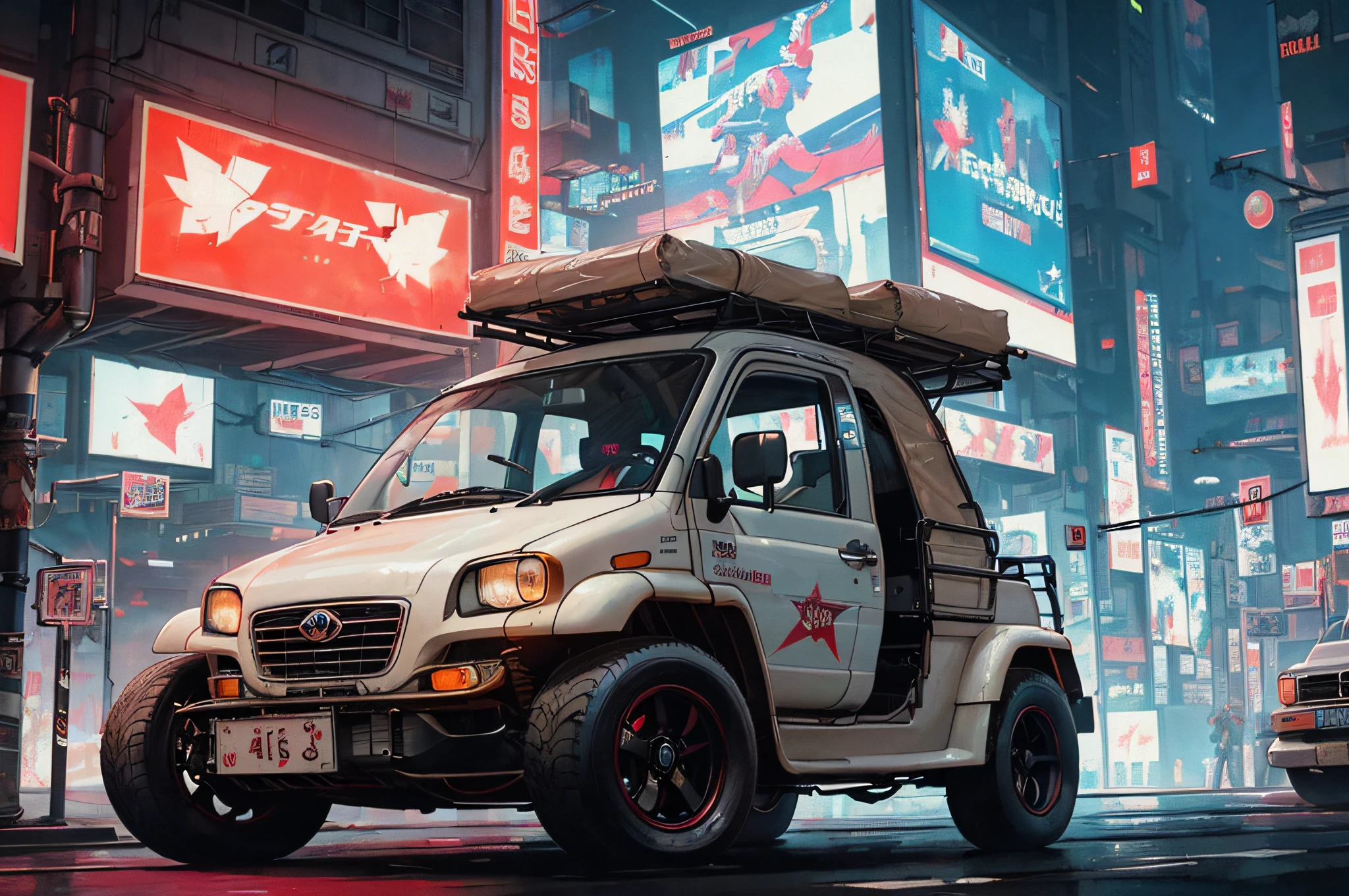 (at late night:1.3), , (detailed beautiful skin textures, detailed beautiful face, ultra detailed clothing textures), , (Cyberpunk:1.4), , (an ultra detailedfour-wheeled and long bonnet tuk-tuk with load on roof carrier and eear loading platform with luggage on it and letter-tyres), , (3/4 front view, The car is in the center of the frame), , (at parking area, at ultra detailed Night City of Cyberpunk), (All cars are classic cars with cyberpunk custumed), , (softlighting), , (masterpiece, best quality:1.4, 8k, ultra detailed, illustration, distinct_image, intricate_details, delicate illustration), (realistic:0.15),