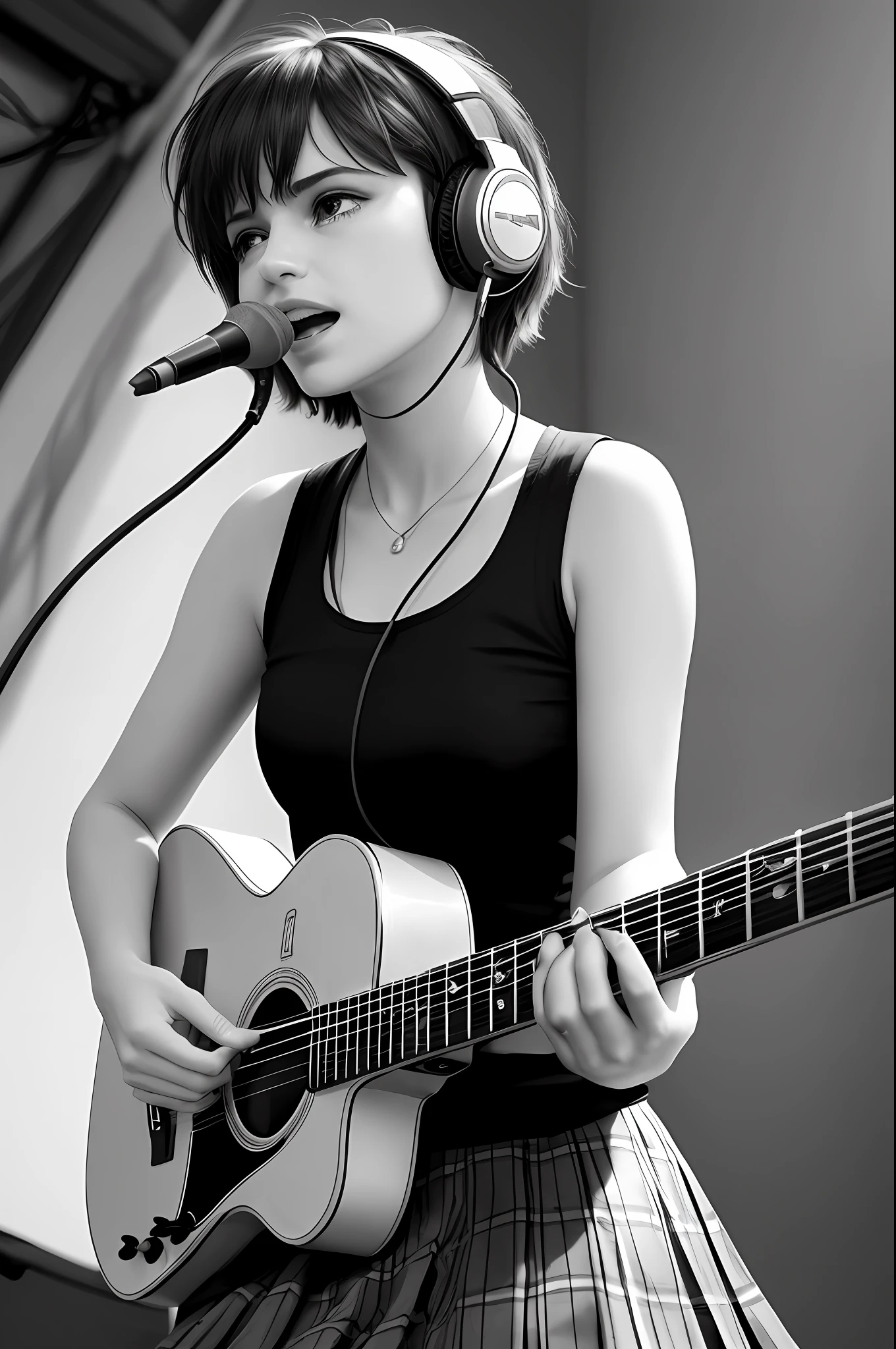 A cute pop singer with short hair and symmetrical teary eyes holds a guitar and sings into headphones, wearing a pleated skirt, with a dynamic angle, captured in a high-detailed cowboy shot, exuding a melancholy emotion, featuring soothing tones and a contrasting mix of light and shadow, all while emphasizing the subject's hair, eyes, mouth, and action in a composition that is both pleasing to the eye and thought-provoking.