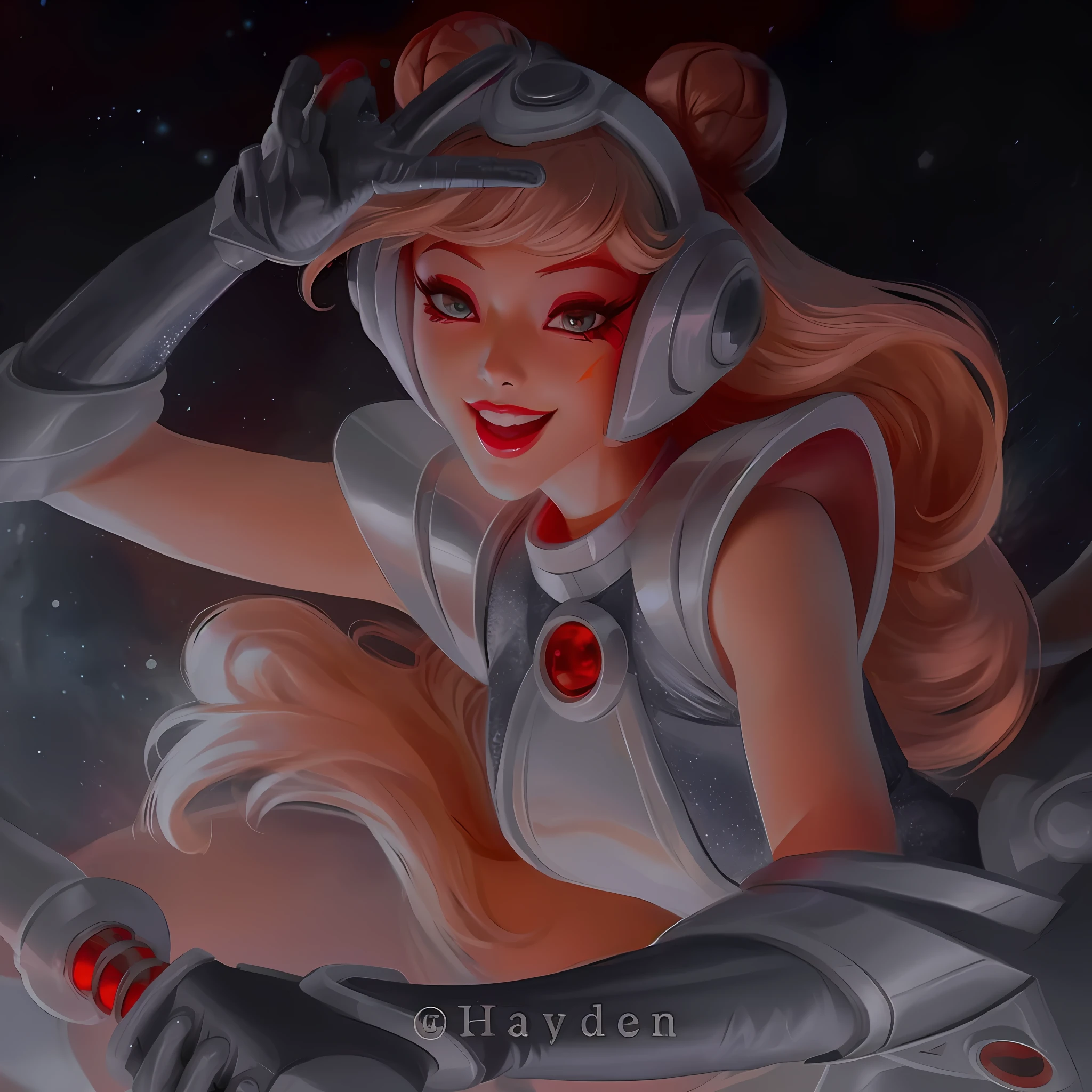 a close up of a cartoon character with a red eye, portrait anime space cadet girl, extremely detailed artgerm, knights of zodiac girl, as a retro futuristic heroine, princess intergalactica, artgerm jsc, portrait knights of zodiac girl, art deco of a space woman, cyborg goddess in cosmos, glossy digital painting, rossdraws digital painting