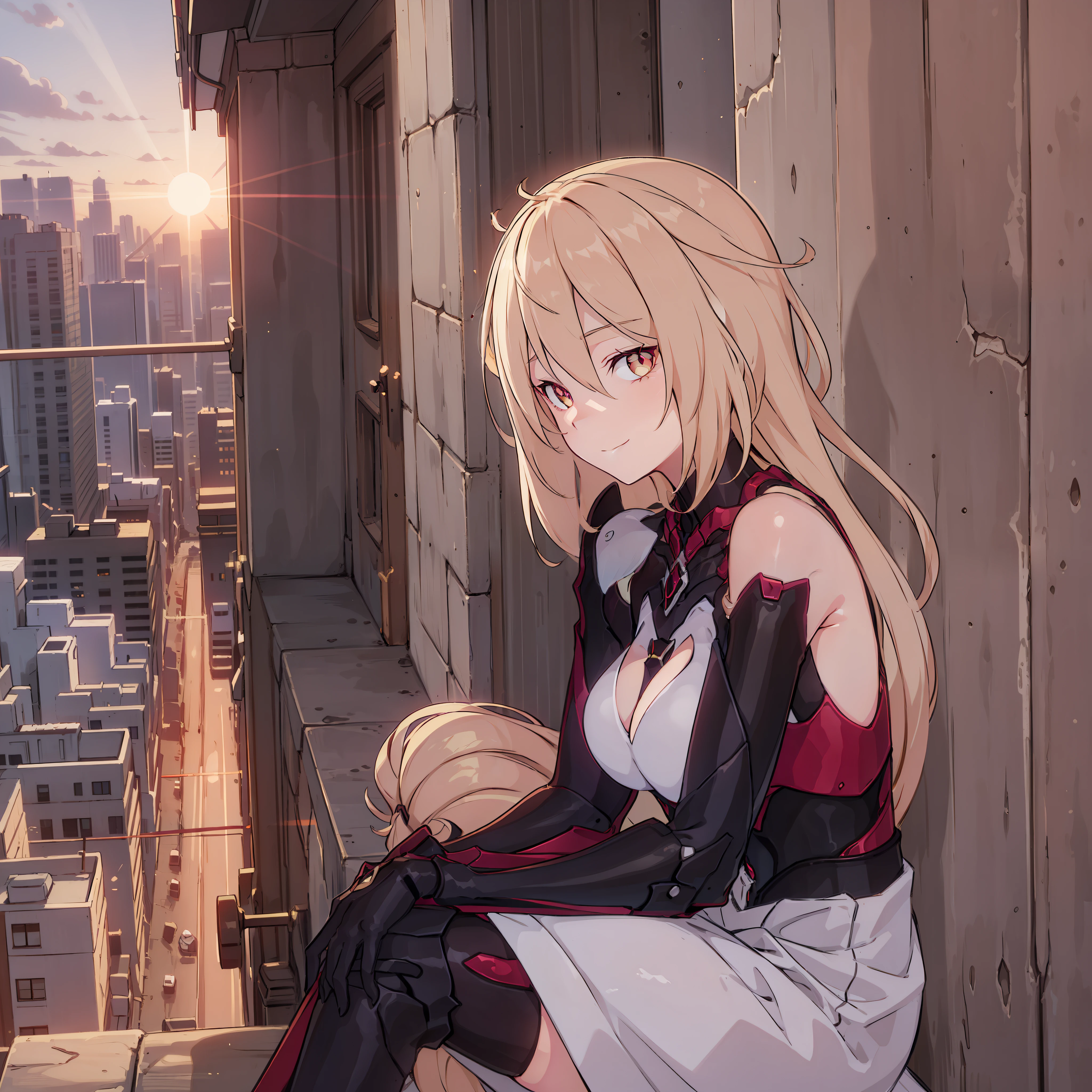 Women, Sitting leaning against the wall,good contrast, good lighintg, glowing clothes, eyes shadow, (eyes looks in the middle, delicate smiling), close up, On the sky island, Sunset View