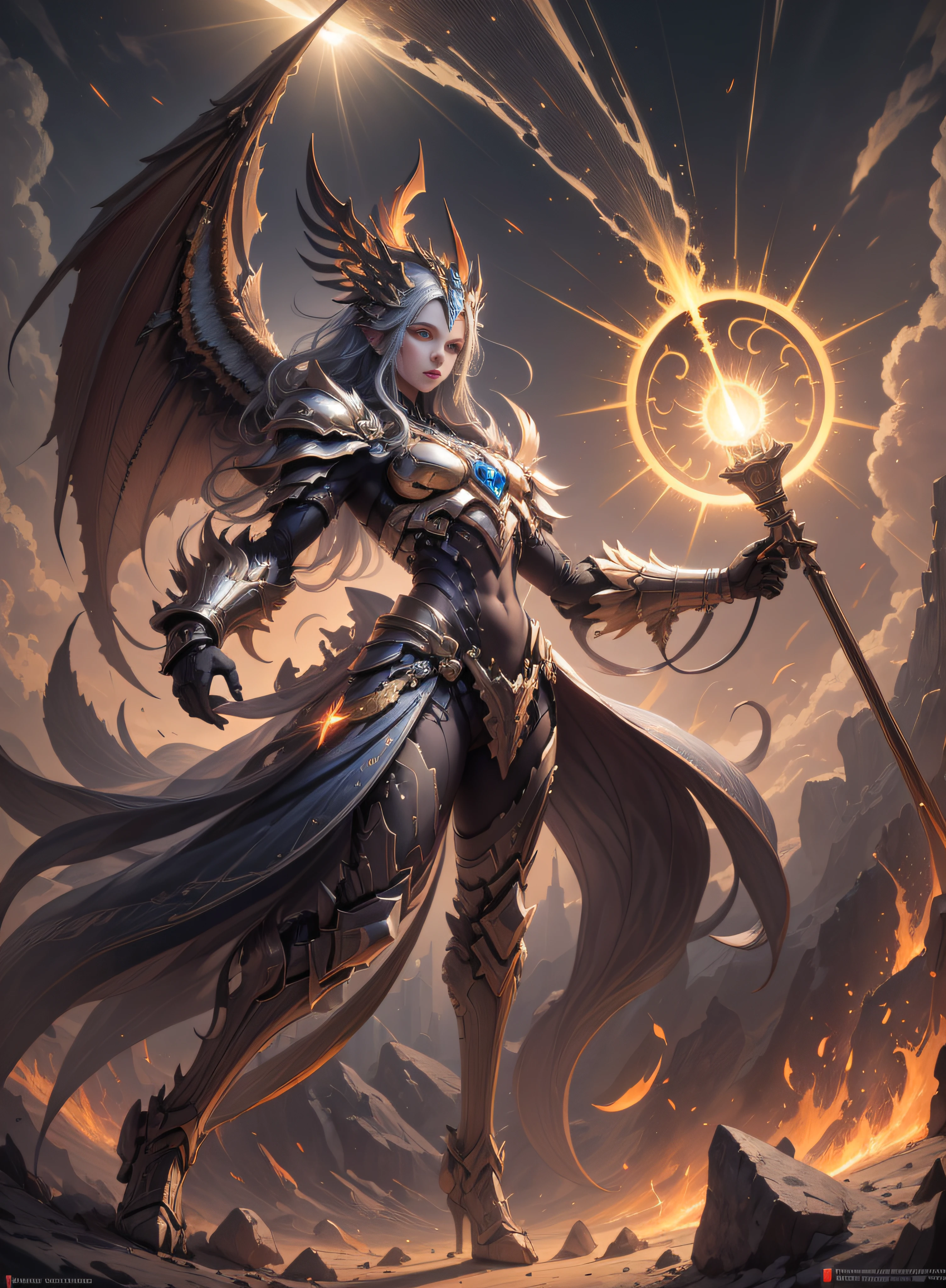1 demon, emperor of darkness, detailed eyes, detailed face, detailed skin, mature body, tall body, seductive body, whole body, desert BREAK and pyramid bottoms, holding only a holy sun scepter, phoenix dragon in the sky, highly saturating sun rays, holy ceremony, angelic halo, dazzling golden and orange spark around, sacred magic circle, golden crown, golden majestic lightning, best quality, masterpiece, trend in art station, BREAK, detailed, realistic, highly detailed digital art 8k, octane rendering, bioluminescent, concept art resolution BREAK 8K, realism, by studios Mappa, masterpiece, best quality, official art, illustration, ligne claire, (cool_color), perfect composition, absurdists, fantasy, focused, full body in attack pose, night sky with clouds, full moon, 8k,