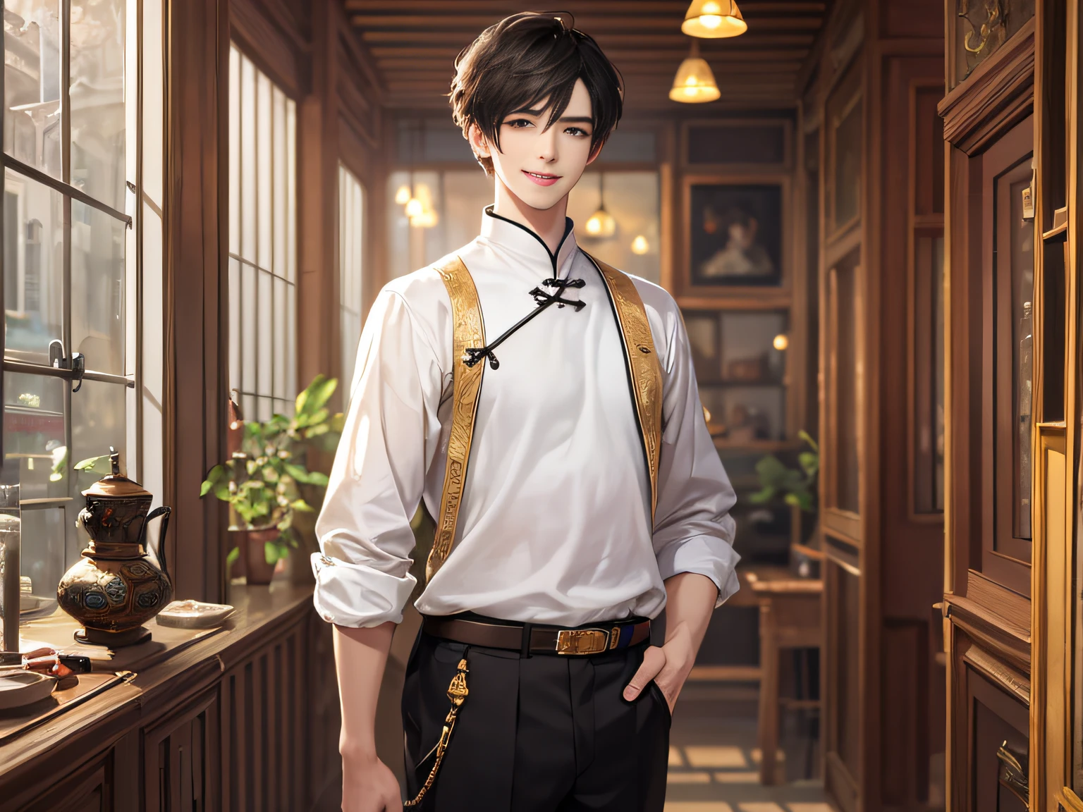 1 male, 25 years old, white top, standing, touching belly, smiling, sunlight on face, antique shop, ((ultra-realistic details)), Chinese Republic of China style, short black hair, inch head, shabby clothes, 8k, a pair of bright eyes