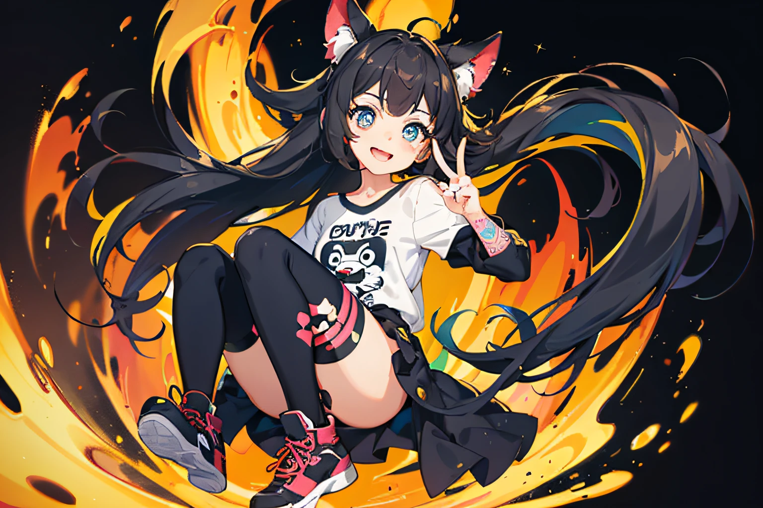 1 girl,,(Cartoon style:1.4),Bright smile,Active pose,Cute,Full body,Bright hair in black tones,Big eyes,(Ink design background:1.3),Colorful clothes in white tones