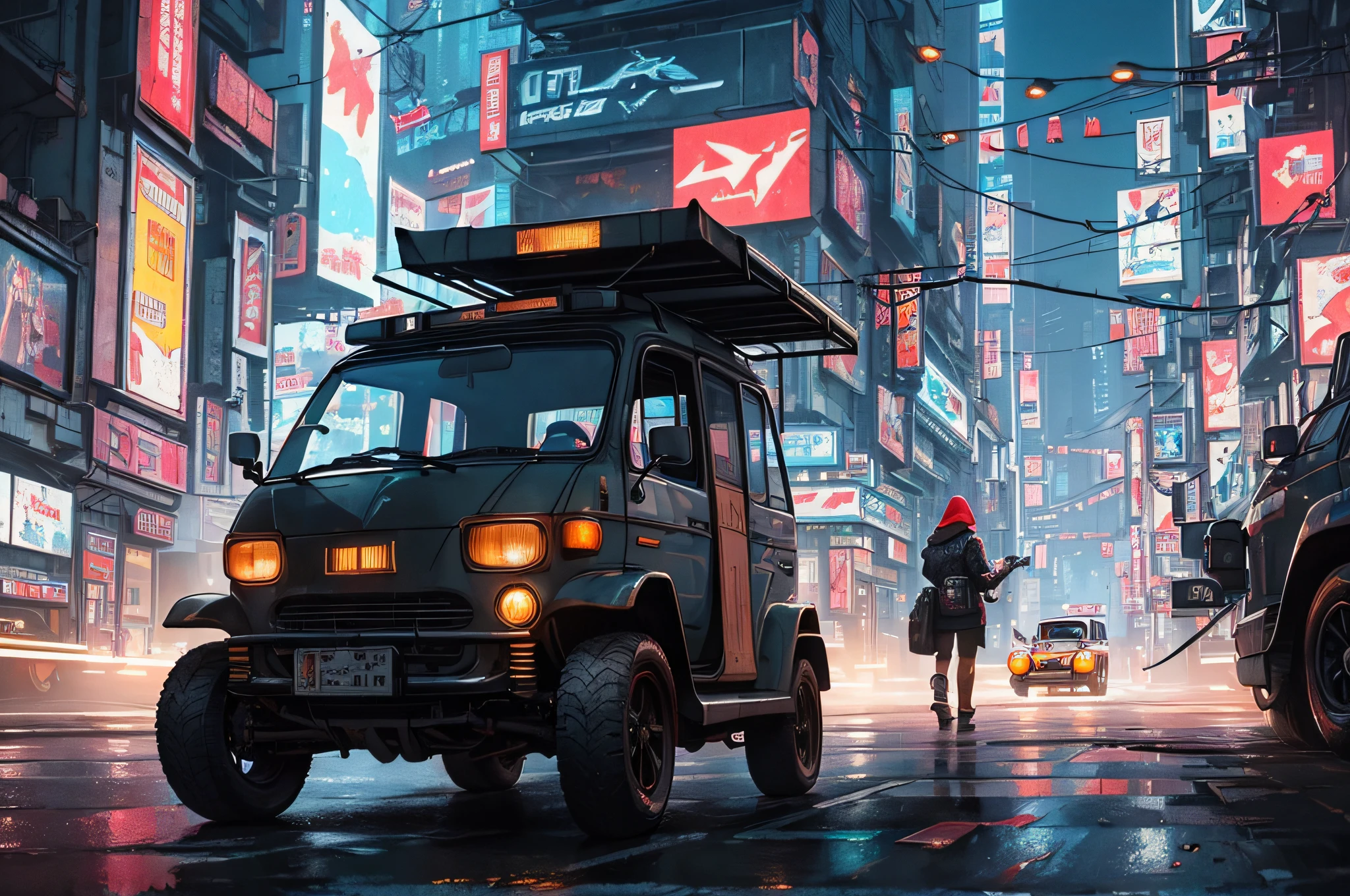 (at late night:1.3), , (detailed beautiful skin textures, detailed beautiful face, ultra detailed clothing textures), , (Cyberpunk:1.4), , (an ultra detailedfour-wheeled and long bonnet tuk-tuk with load on roof carrier and eear loading platform with luggage on it and letter-tyres), , (3/4 front view, The car is in the center of the frame), , (at parking area, at ultra detailed Night City of Cyberpunk), (All cars are classic cars with cyberpunk custumed), , (softlighting), , (masterpiece, best quality:1.4, 8k, ultra detailed, illustration, distinct_image, intricate_details, delicate illustration), (realistic:0.15),