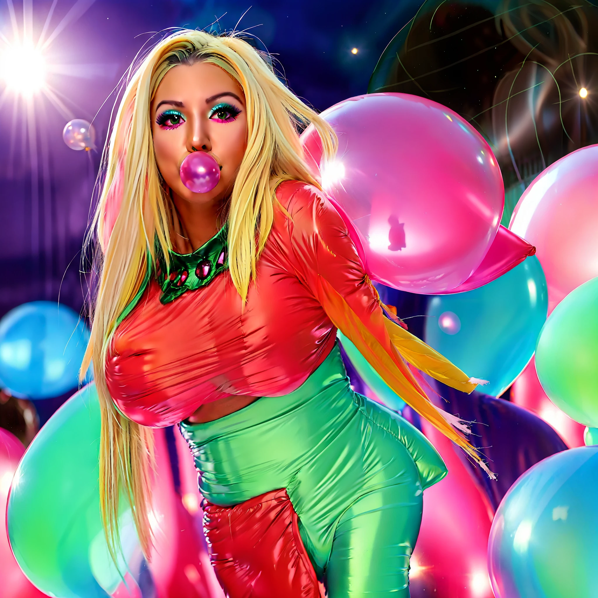 realistic, Japanese elf, 1girl, thick long white hair with Fuchsia and red streaks, purple eyes, glowing eyes, smirking, crop top, tight mini skirt, blue leggings, parted lips, blush, night, flowers, sun, sunlight, massive big breasted bimbo, Green and sea blue colored armored spacesuit with NASA and Spetnaz logos on breasts, body length balloon inflatable cape, massive(inflating bubble gum, blow bubble), thick pouty bright pink inflated balloon lips, massive(erection under clothes), futa bulge, bulge, Side Triceps posing,🌄🌅sky, roman villa, behance, pixiv, artstation, reflections,8k,4K, ☀️🔥🌌💎💯🔝