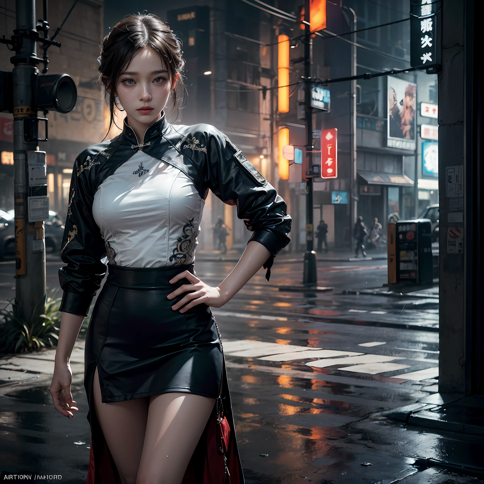 Aodai, street, cyberpunk, epic realistic, photo, faded, complex stuff around, intricate background, soaking wet, neutral colors, ((((hdr)))), ((((muted colors)))), intricate scene, artstation, intricate details, vignette