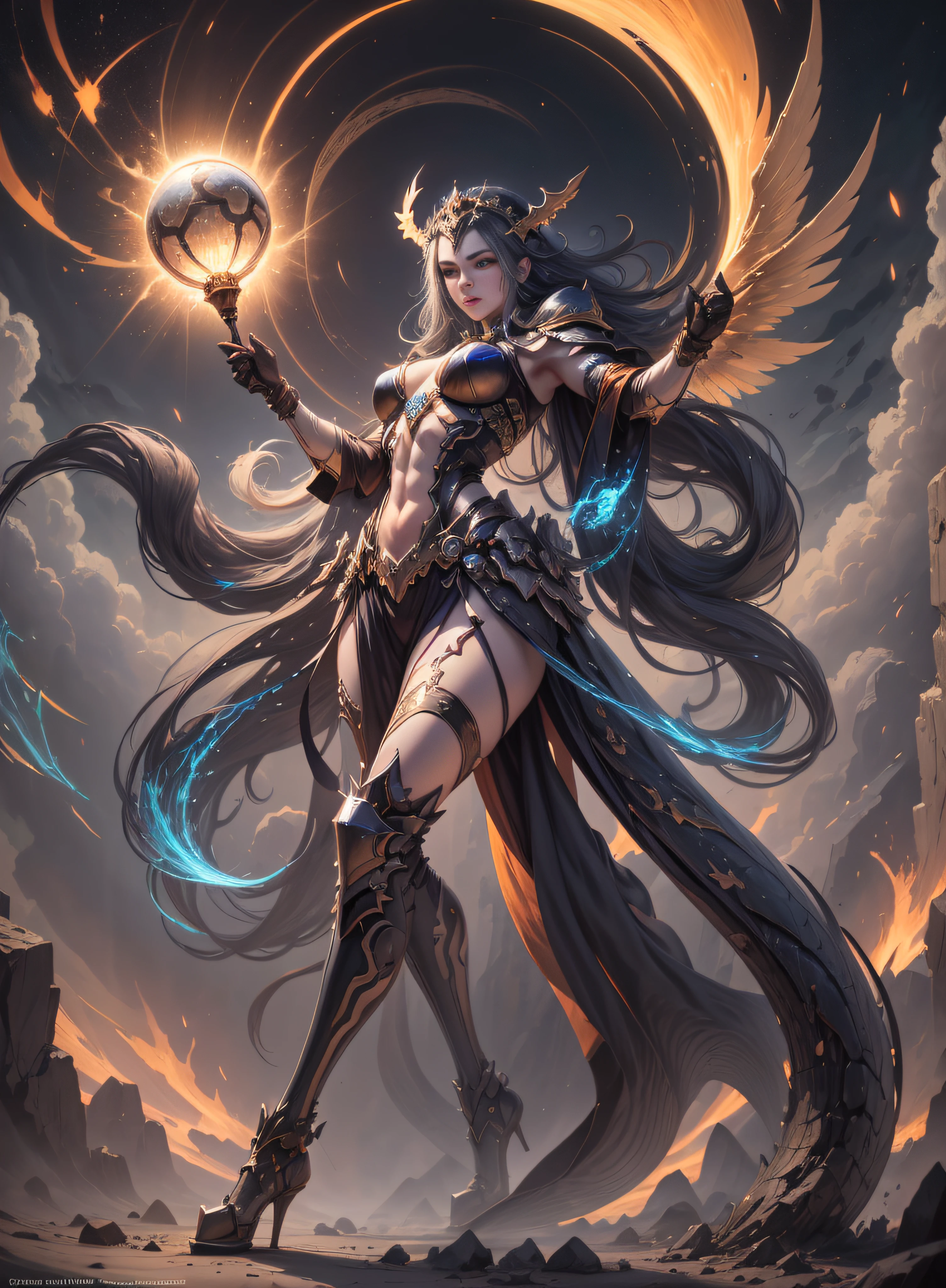 1 demon, emperor of darkness, detailed eyes, detailed face, detailed skin, mature body, tall body, seductive body, whole body, desert BREAK and pyramid bottoms, holding only a holy sun scepter, phoenix dragon in the sky, highly saturating sun rays, holy ceremony, angelic halo, dazzling golden and orange spark around, sacred magic circle, golden crown, golden majestic lightning, best quality, masterpiece, trend in art station, BREAK, detailed, realistic, highly detailed digital art 8k, octane rendering, bioluminescent, concept art resolution BREAK 8K, realism, by studios Mappa, masterpiece, best quality, official art, illustration, ligne claire, (cool_color), perfect composition, absurdists, fantasy, focused, full body in attack pose, night sky with clouds, full moon, 8k,