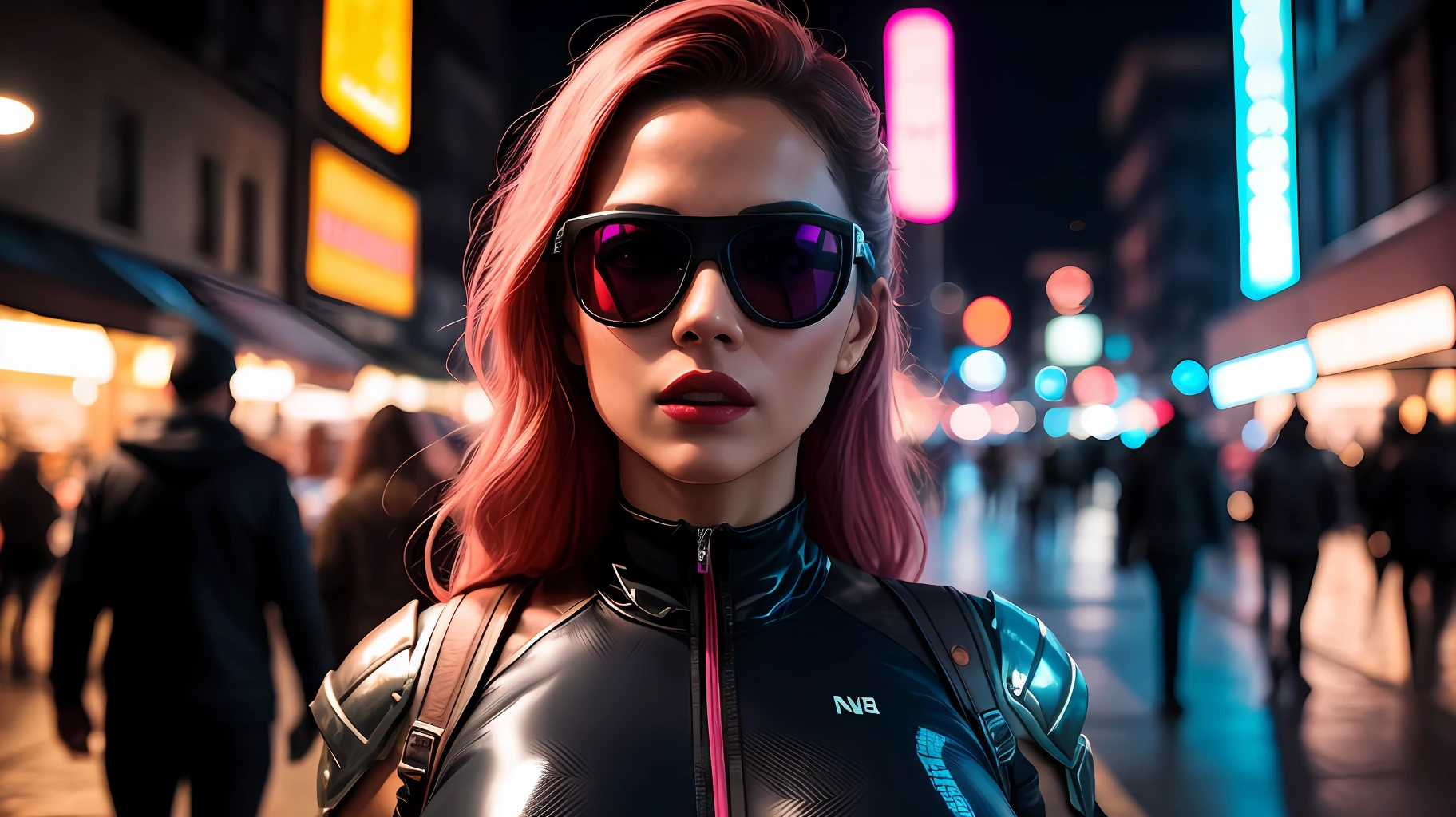 Masterpiece, Close-up, a beautiful Italian with huge breasts in a dystopian city with neon signs and holograms projected on the buildings and sky, lipstick, transparent white latex clothing, pink virtual reality glasses, tattoos, long straight blonde hair, day. cyberpunk aesthetics, action movie shot by Kon Satoshi, very detailed lighting, dramatic, digital art trend in Artstation 8k HD high definition detailed realistic, detailed, skin texture, hyper detailed, realistic skin texture, armor, best quality, ultra high res, (photorealistic: 1.4), high resolution, detailed, Raw photo, Sharp Re, by Lee Jeffries Nikon D850 Film Stock Photography 4 Kodak Portra 400 Camera F1.6 Lens Rich Colors Hyper Realistic Realistic Texture UnrealEngine Dramatic Lighting Trend in ArtStation Cinestill 800